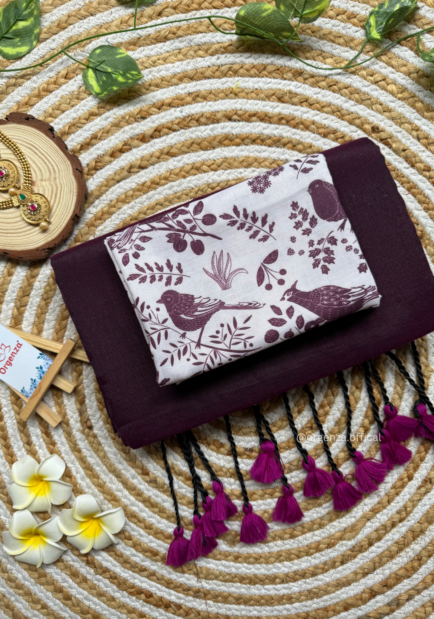 Wine Colour Cotton Saree With Birds Print Blouse