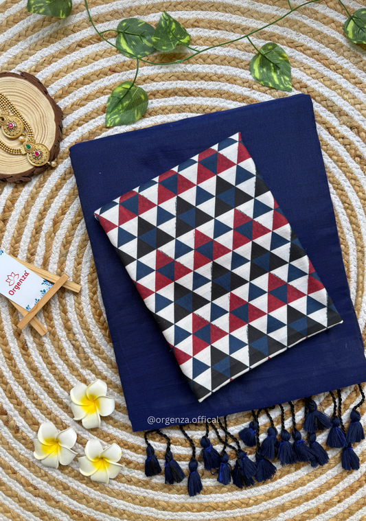 Blue Colour Cotton Saree With Tringle Print Blouse