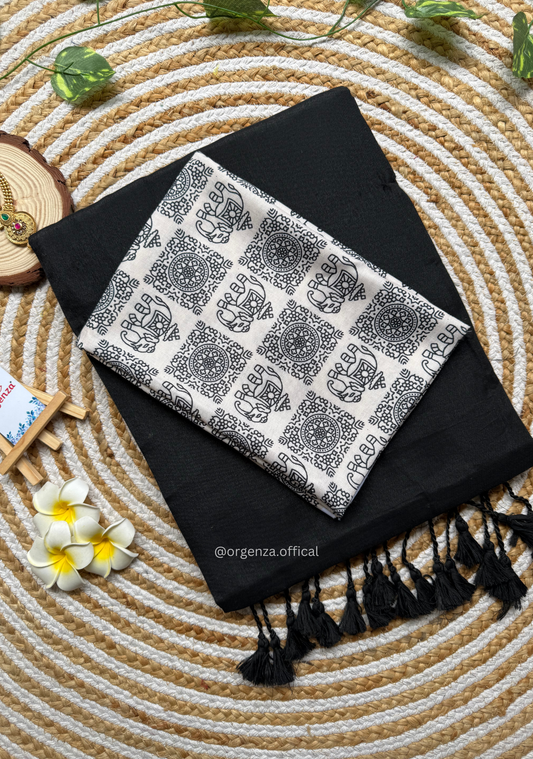 Black Colour Cotton Saree With White Elephant Print Blouse
