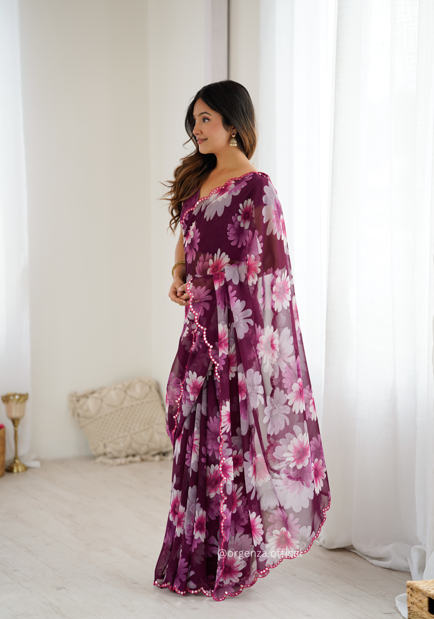 Purple Colour Georgette Printed Mirror Saree