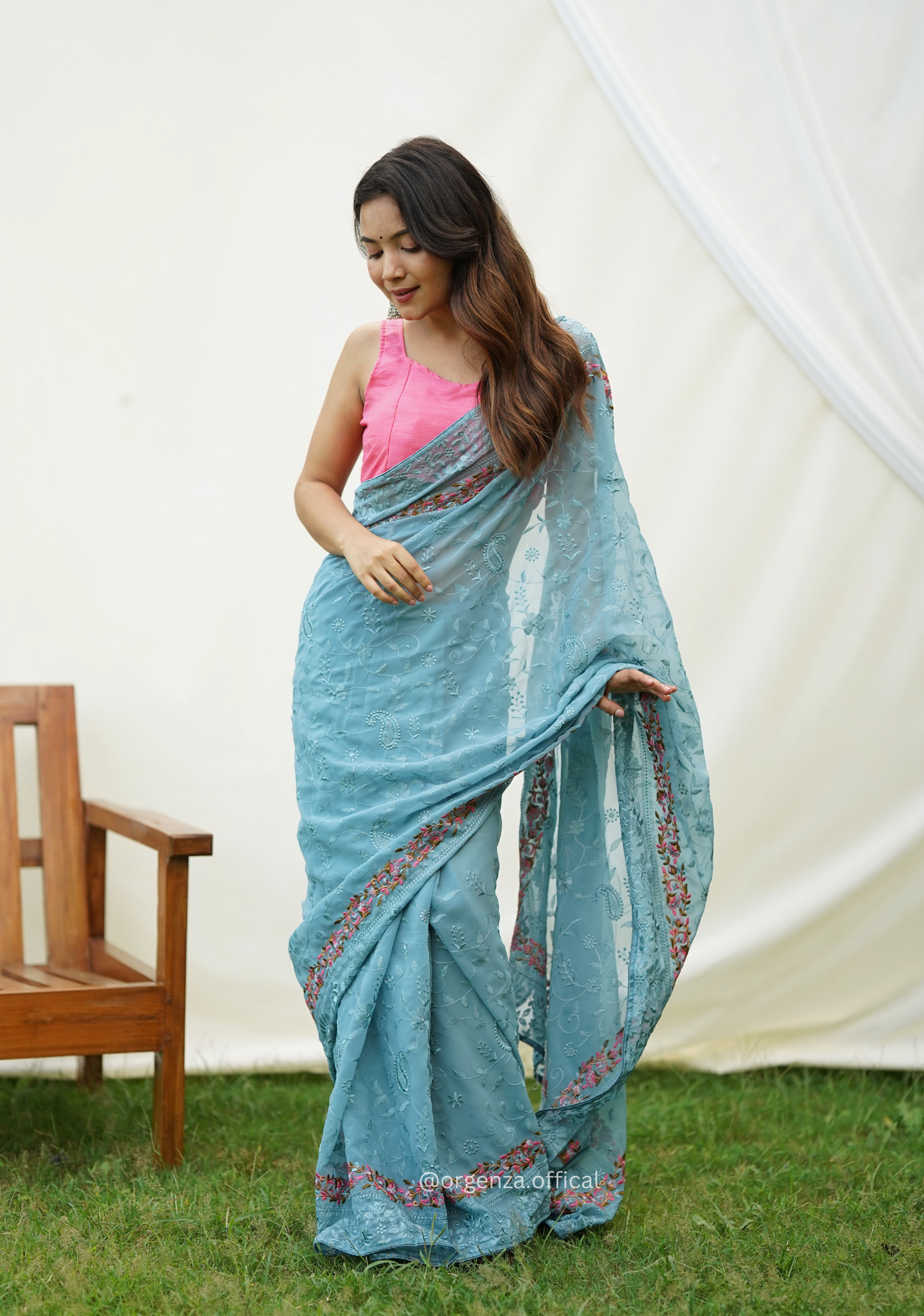 Sky Color Embroidery Work Heavy Georgette Silk Saree With Running Blouse - Orgenza Store