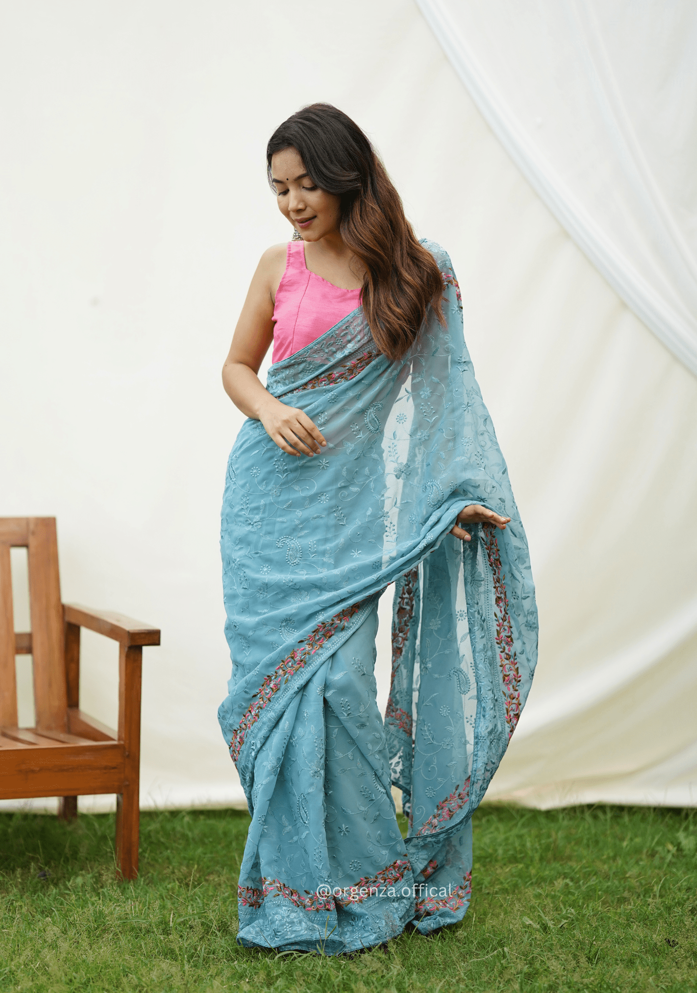 Sky Color Embroidery Work Heavy Georgette Silk Saree With Running Blouse - Orgenza Store - digisoch
