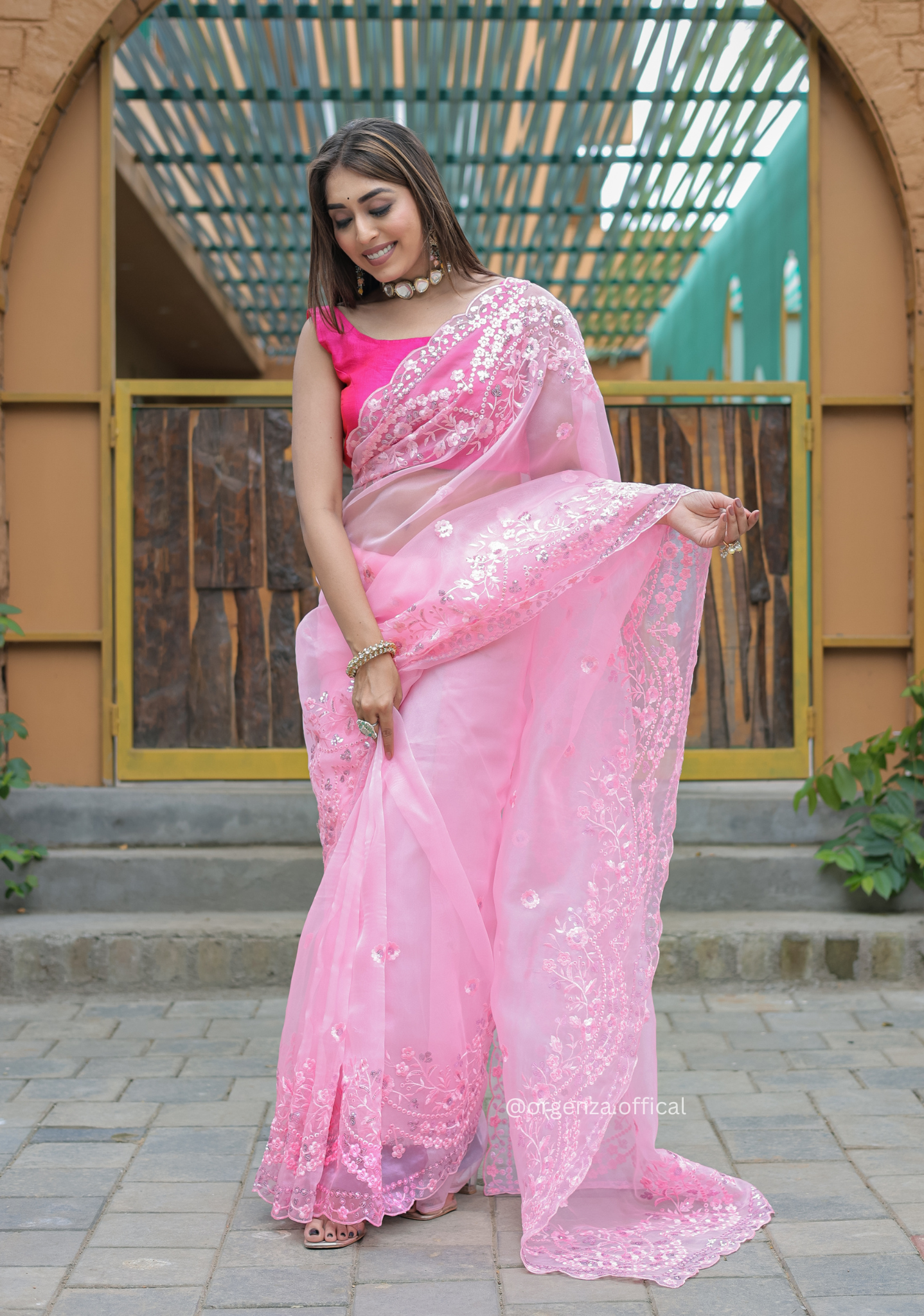 Baby Pink Soft Organza Saree With Sequence Work - Orgenza Store