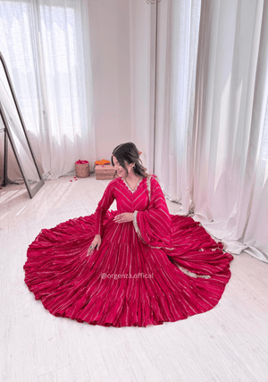 Mal Chanderi Mirror Work Ruffle Gown Set with Dupatta – Fully Stitched - Orgenza Store - digisoch
