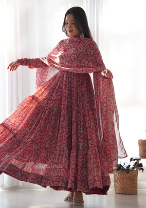 Pure Soft Fox Georgette Kalamkari Print Ruffle Anarkali - Orgenza Store