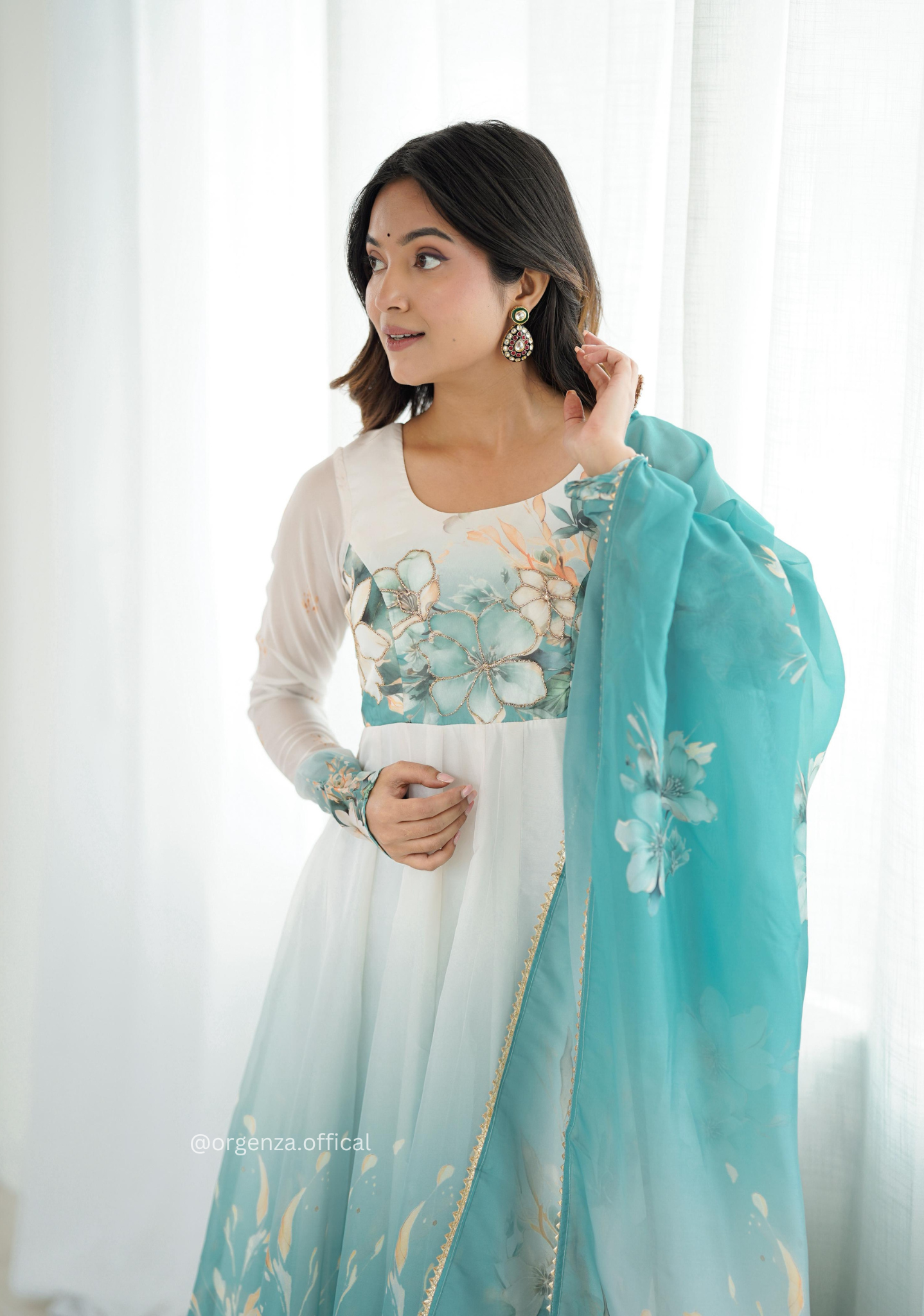 Aqua Blue Colour Organza Anarkali Kurti Set