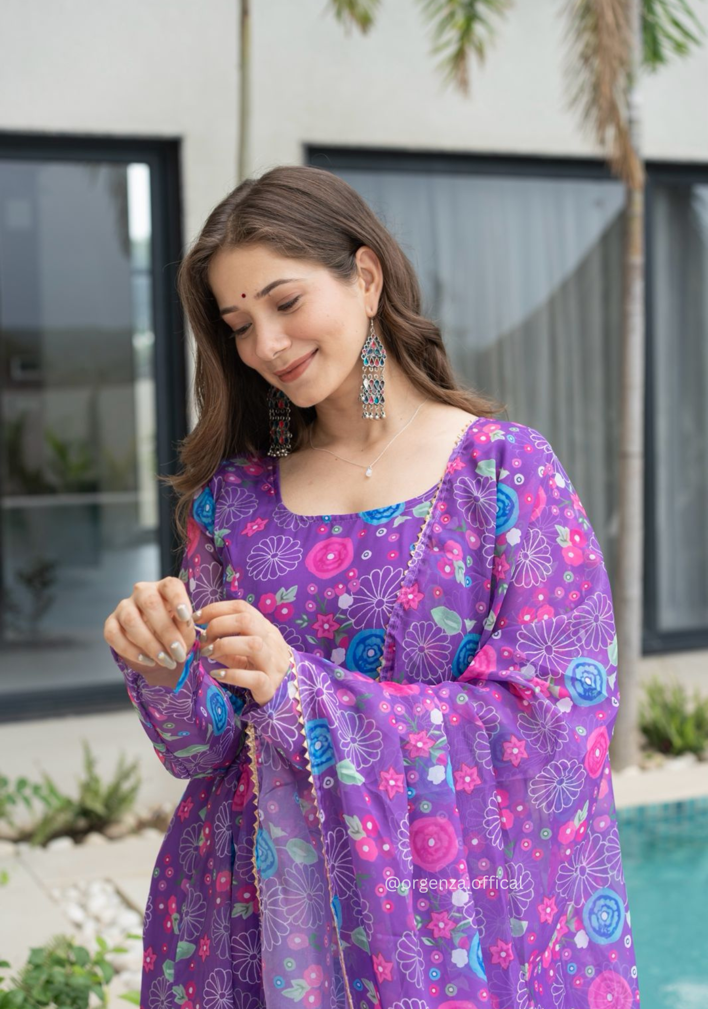 Purple Colour Pure Organza Silk Floral Anarkali Kurtis