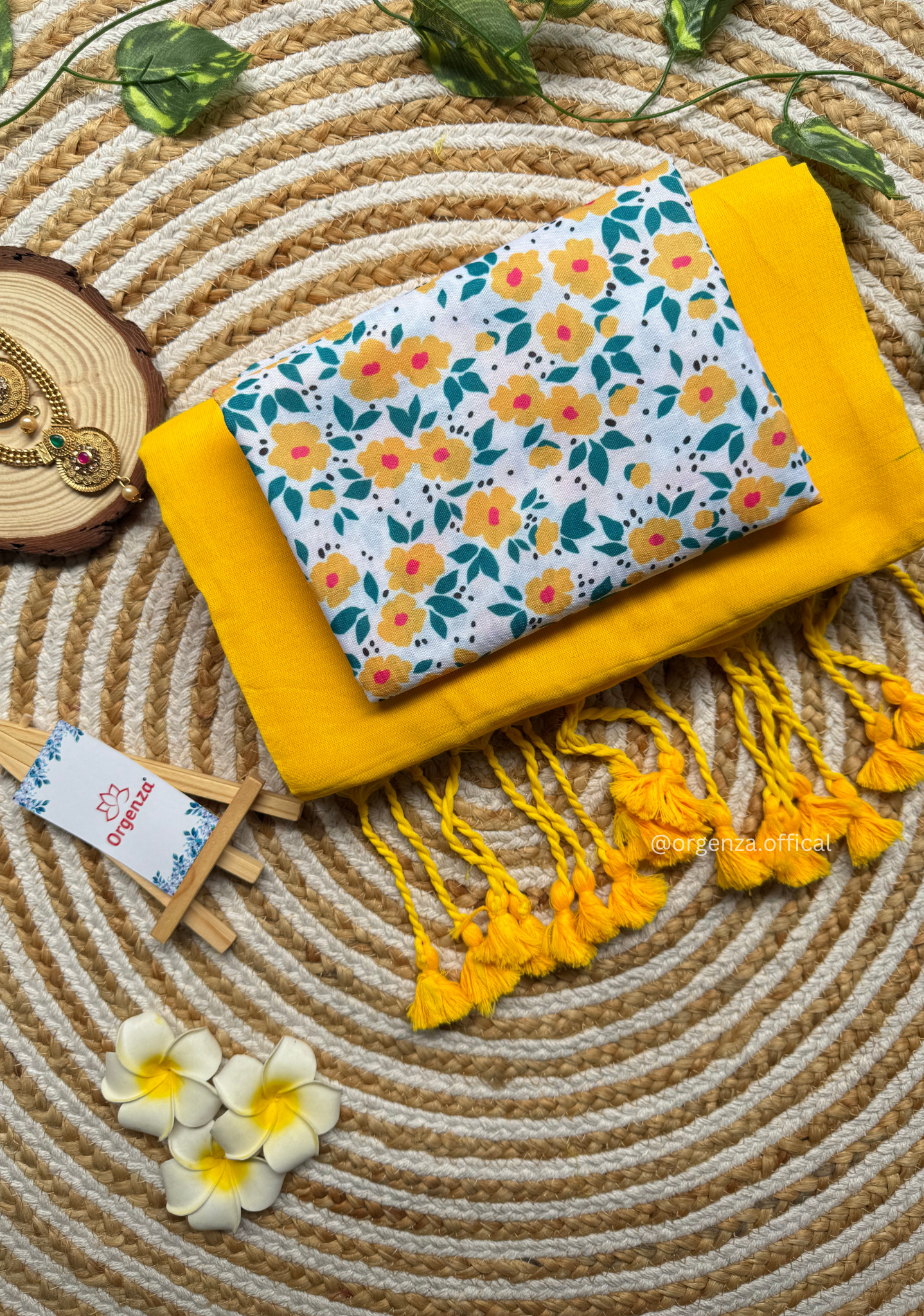 Yellow Colour Cotton Saree With Flower Print Blouse