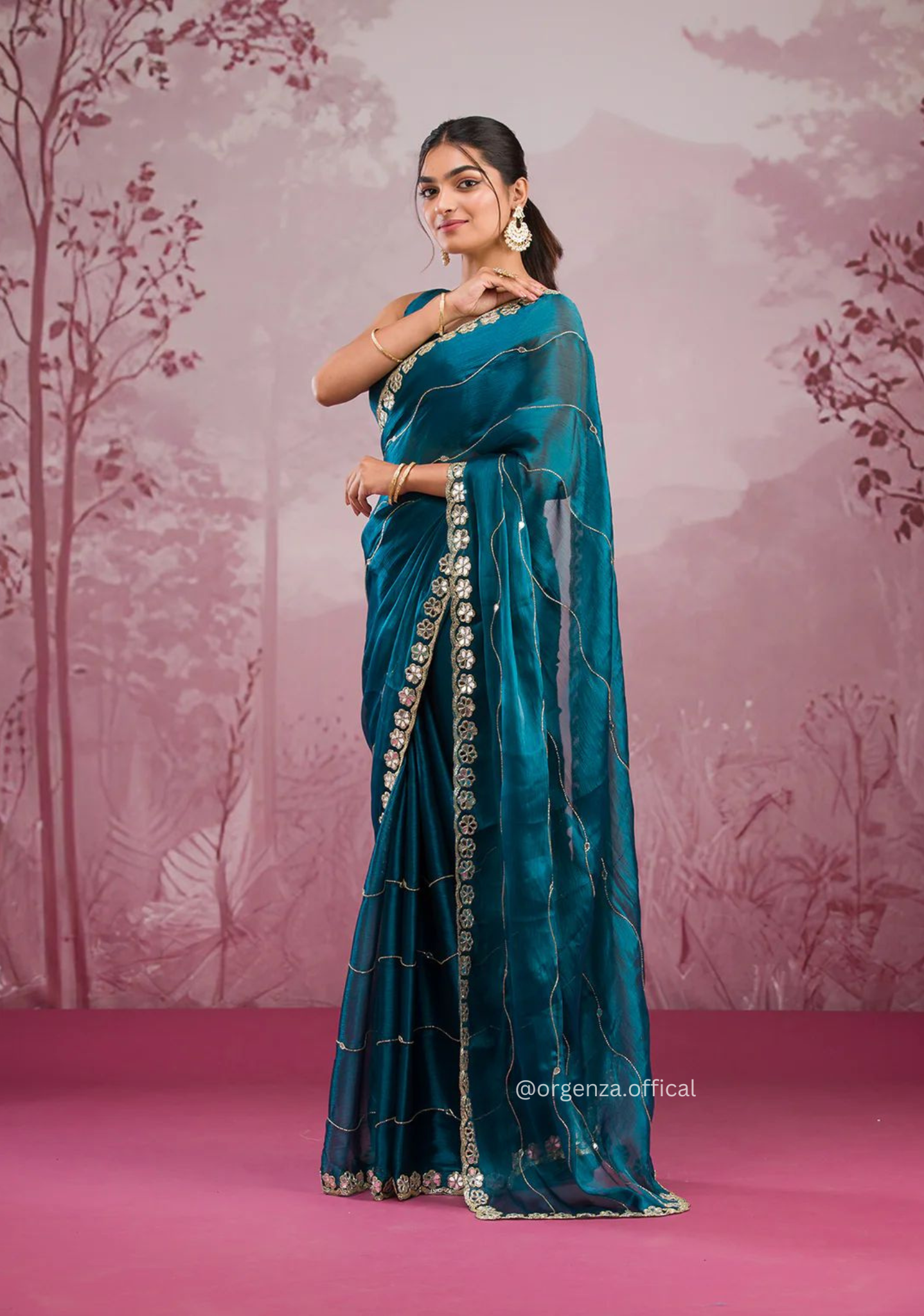 Blue Colour Jimmy Choo Saree With Mirror Work - Orgenza Store