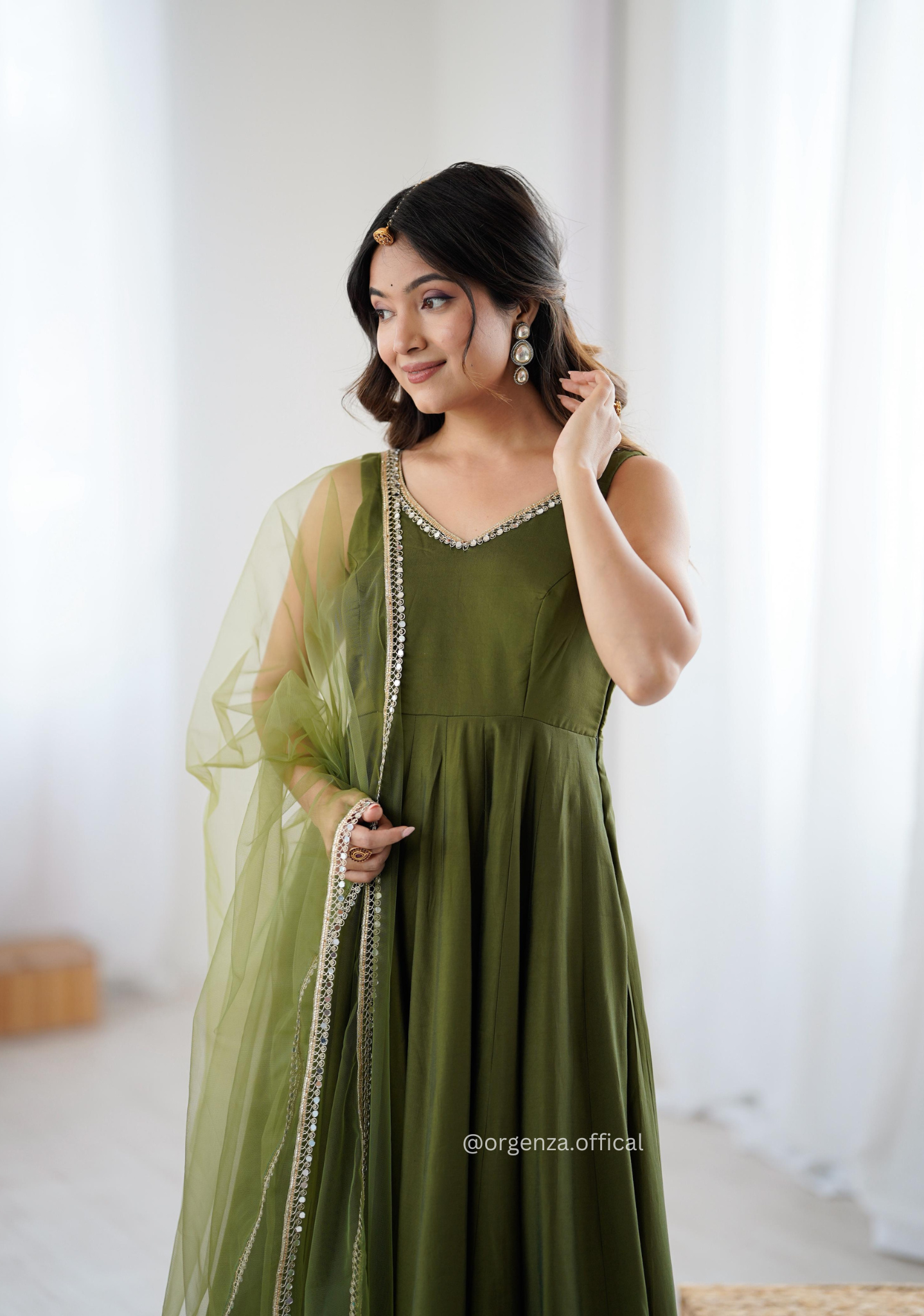 Green Colour Roman Silk Chanderi Anarkali Kurti
