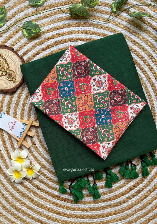 Green Colour Cotton Saree With Chex Print Blouse