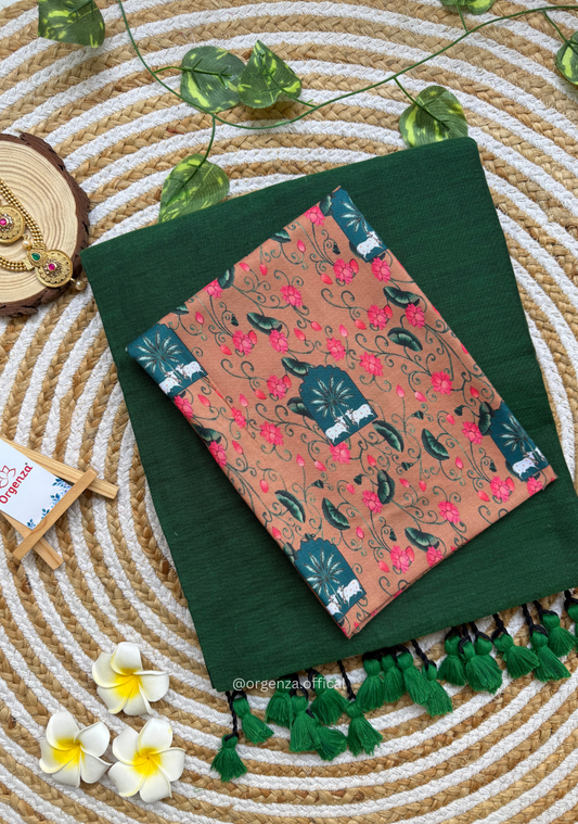 Green Colour Cotton Saree With Cow Print Blouse