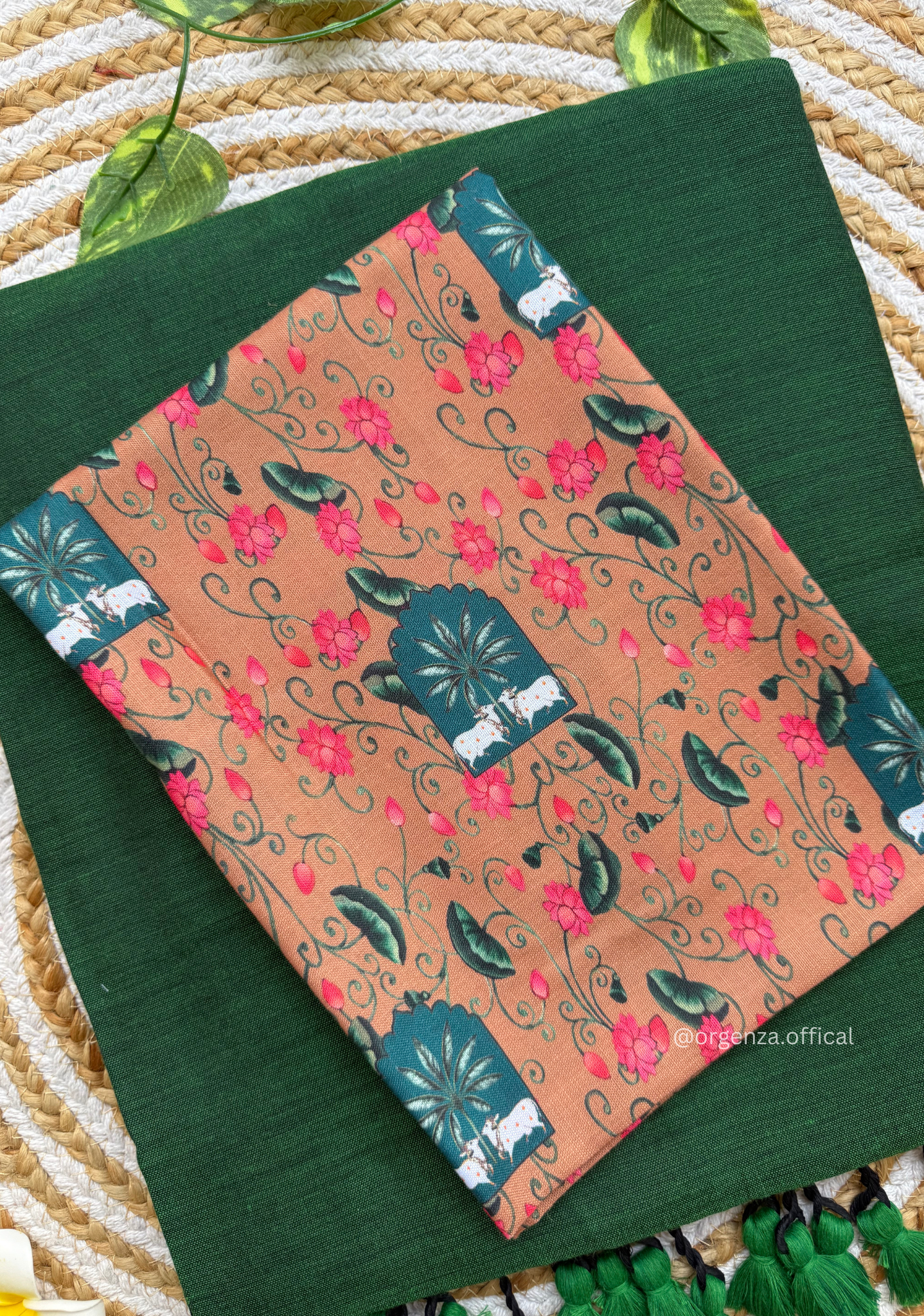 Green Colour Cotton Saree With Cow Print Blouse