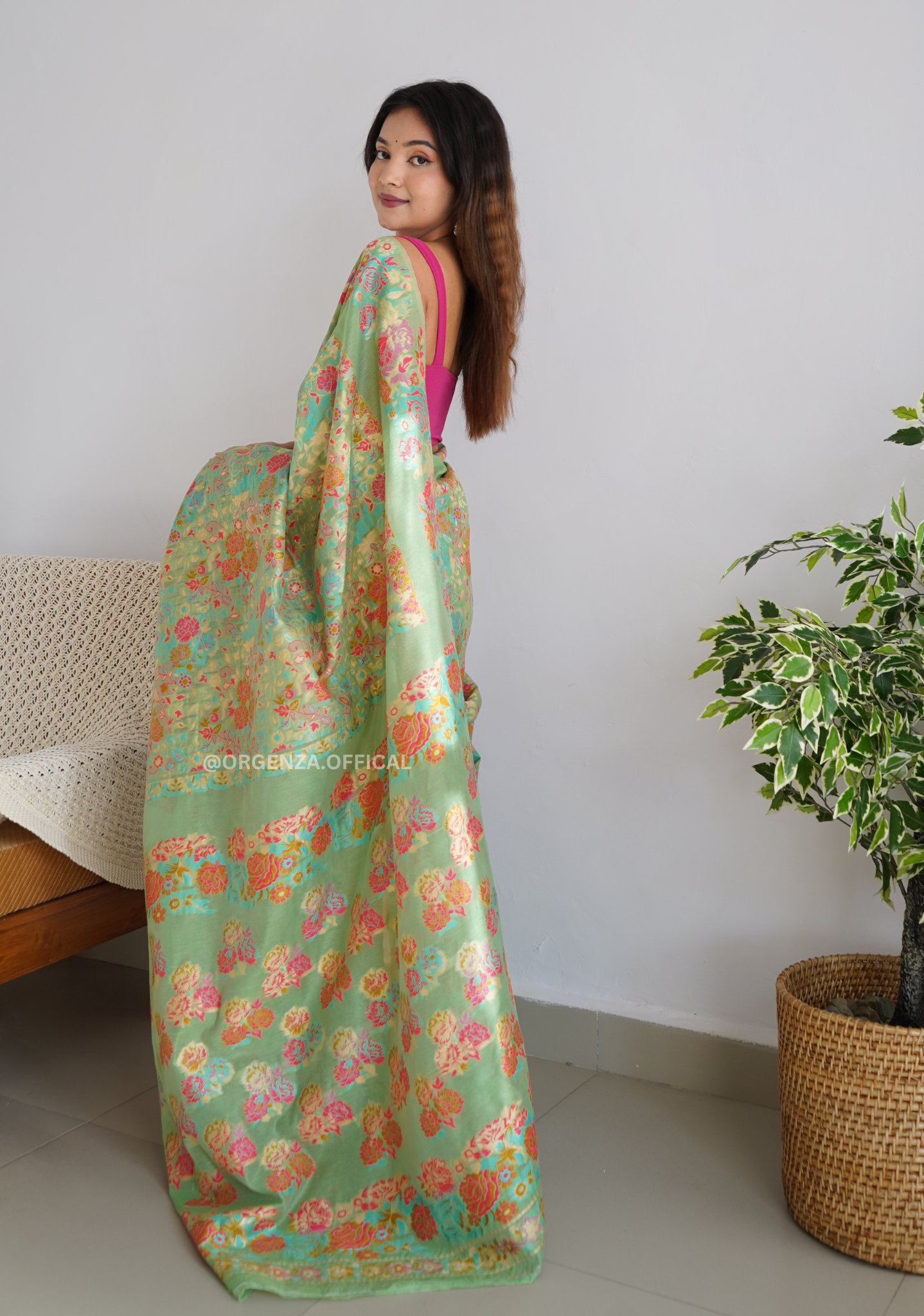 Pure Pashmina Kanchi Weaving Kashmiri Silk Saree - Orgenza Store