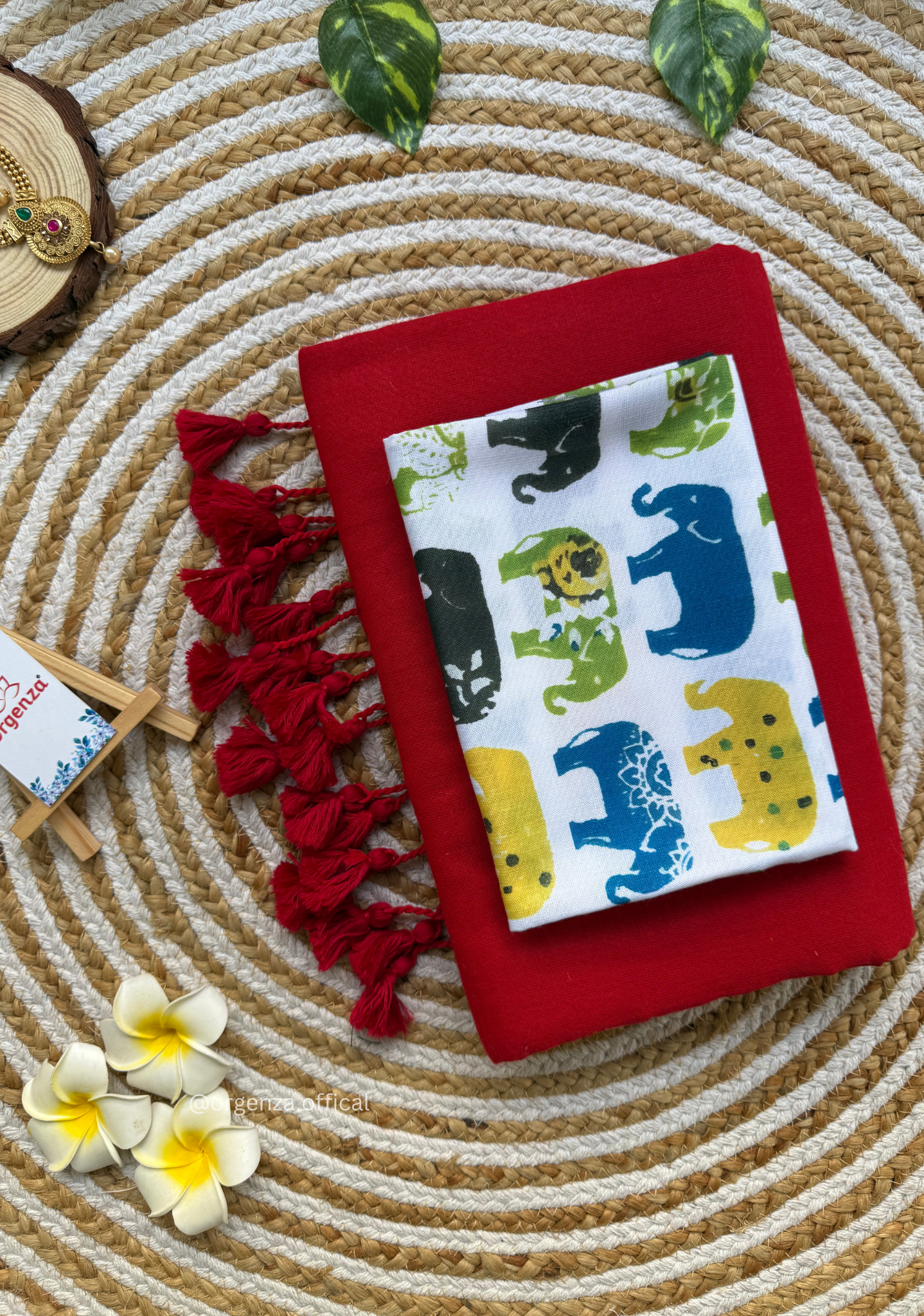 Red Colour Cotton Saree With Multi Elephant Print Blouse