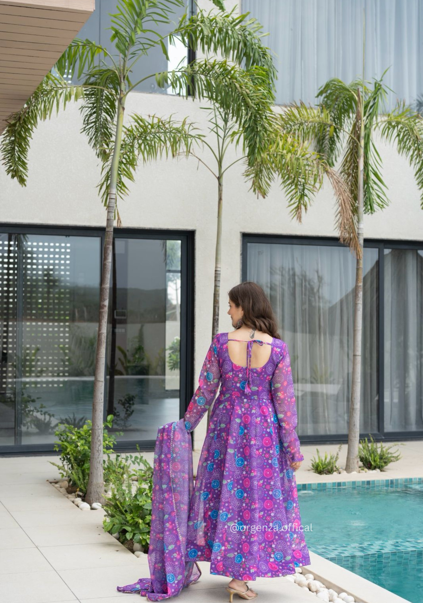 Purple Colour Pure Organza Silk Floral Anarkali Kurtis