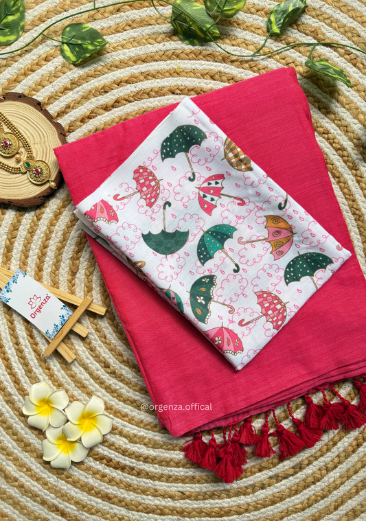 Pink Colour Cotton Saree With Umbrella Print Blouse