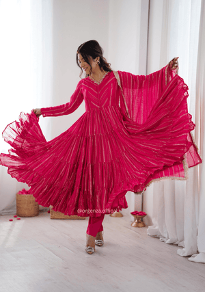Mal Chanderi Mirror Work Ruffle Gown Set with Dupatta – Fully Stitched - Orgenza Store - digisoch
