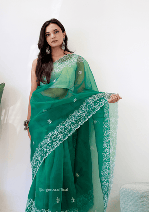 Bottel Green Colour Embroidery Thread Work Saree - Orgenza Store - digisoch