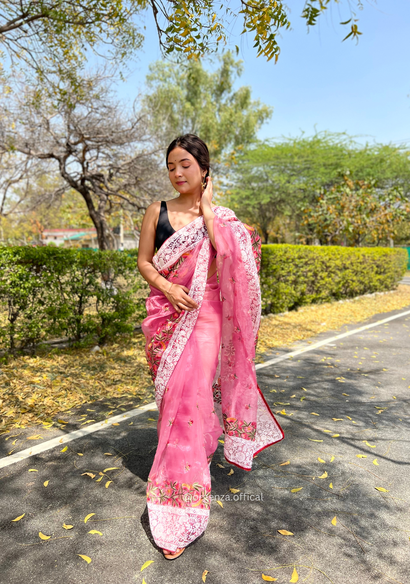Pink Organza Saree With Chikankari Work - Orgenza Store