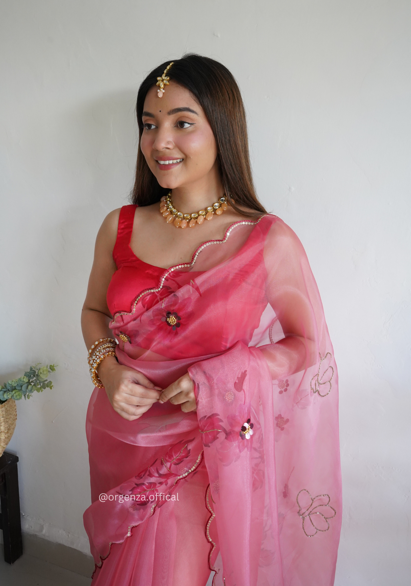 Pink Colour Organza Saree With Handwork