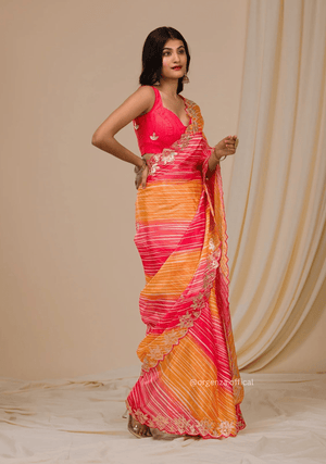 Peach And yellow Colour Chinnon Digital Print Saree - Orgenza Store - digisoch
