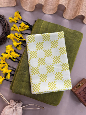 Green Handloom Cotton Saree With Yellow Tassels & Designer Checks Blouse - Orgenza Store