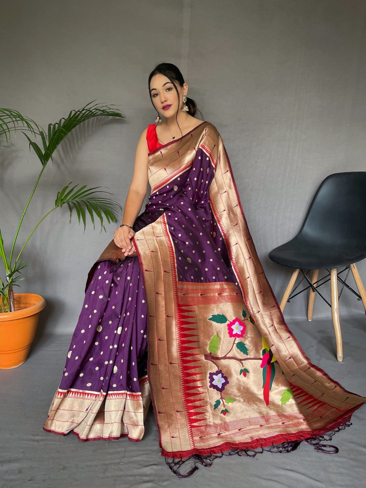 Wine Colour Paithani Silk Saree - Orgenza Store