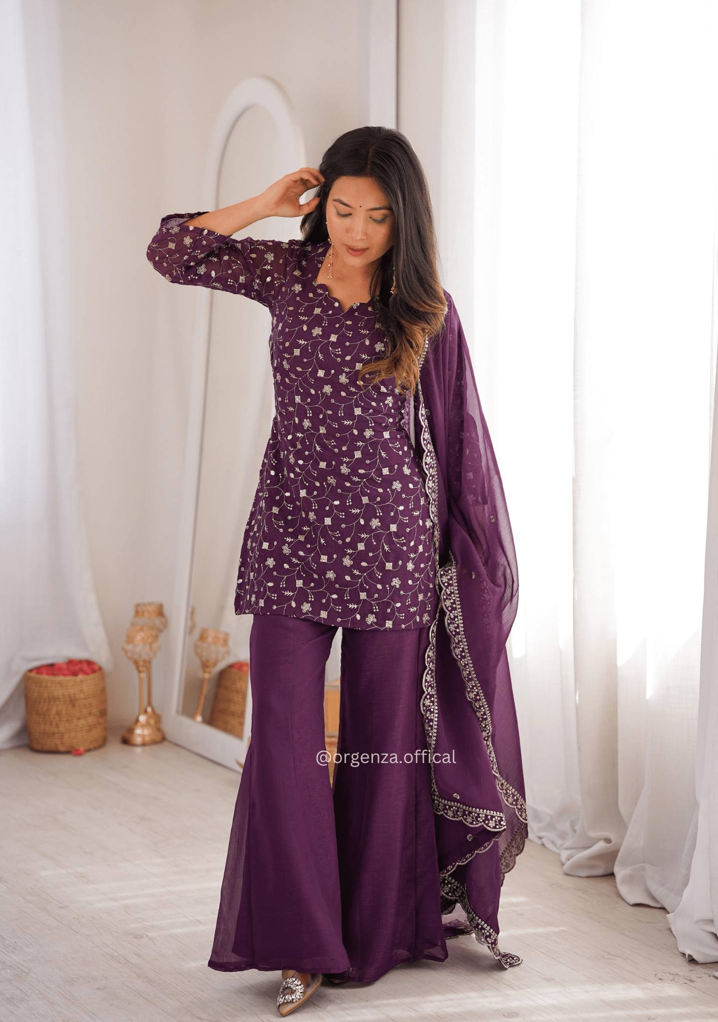 Crunchy Silk Embroidered Suit Set with Bell Bottom Pant - Orgenza Store - digisoch