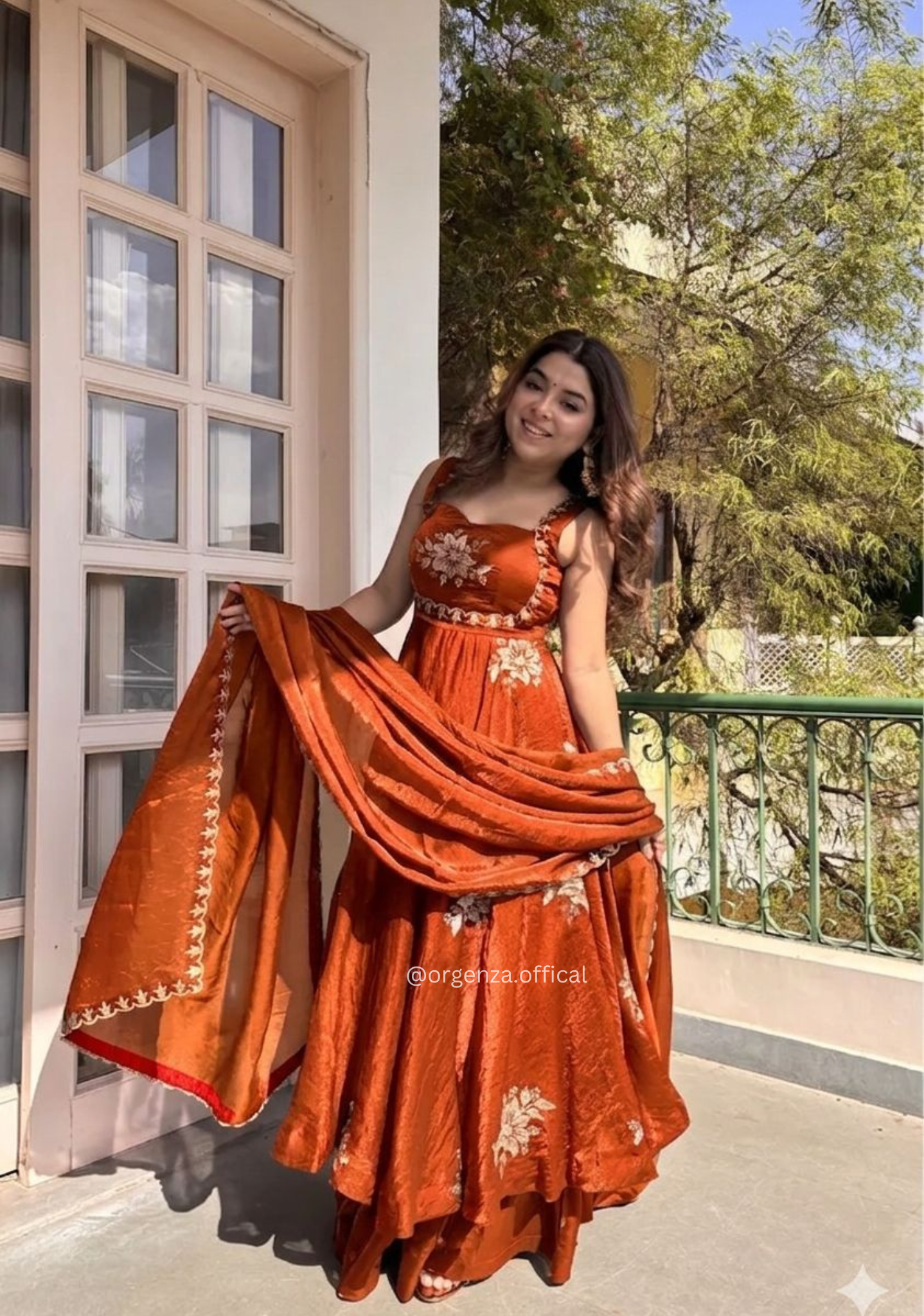 Designer Fendy Satin Gown Set with Sequins Work & Palazzo | Wedding & Festive Wear - Orgenza Store - digisoch