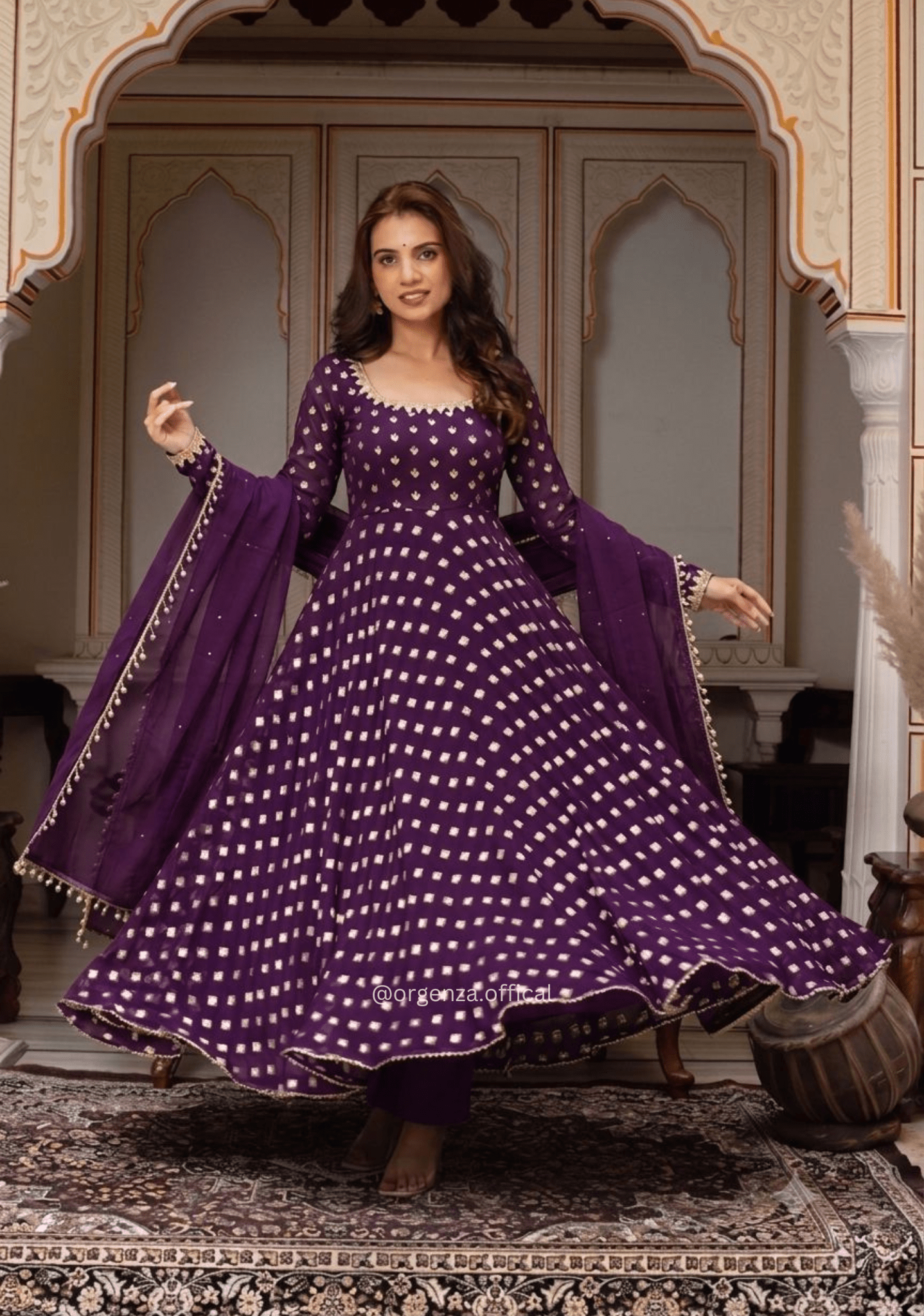 Purple Chanderi Jacquard Gown with Mirror Work - Orgenza Store - digisoch