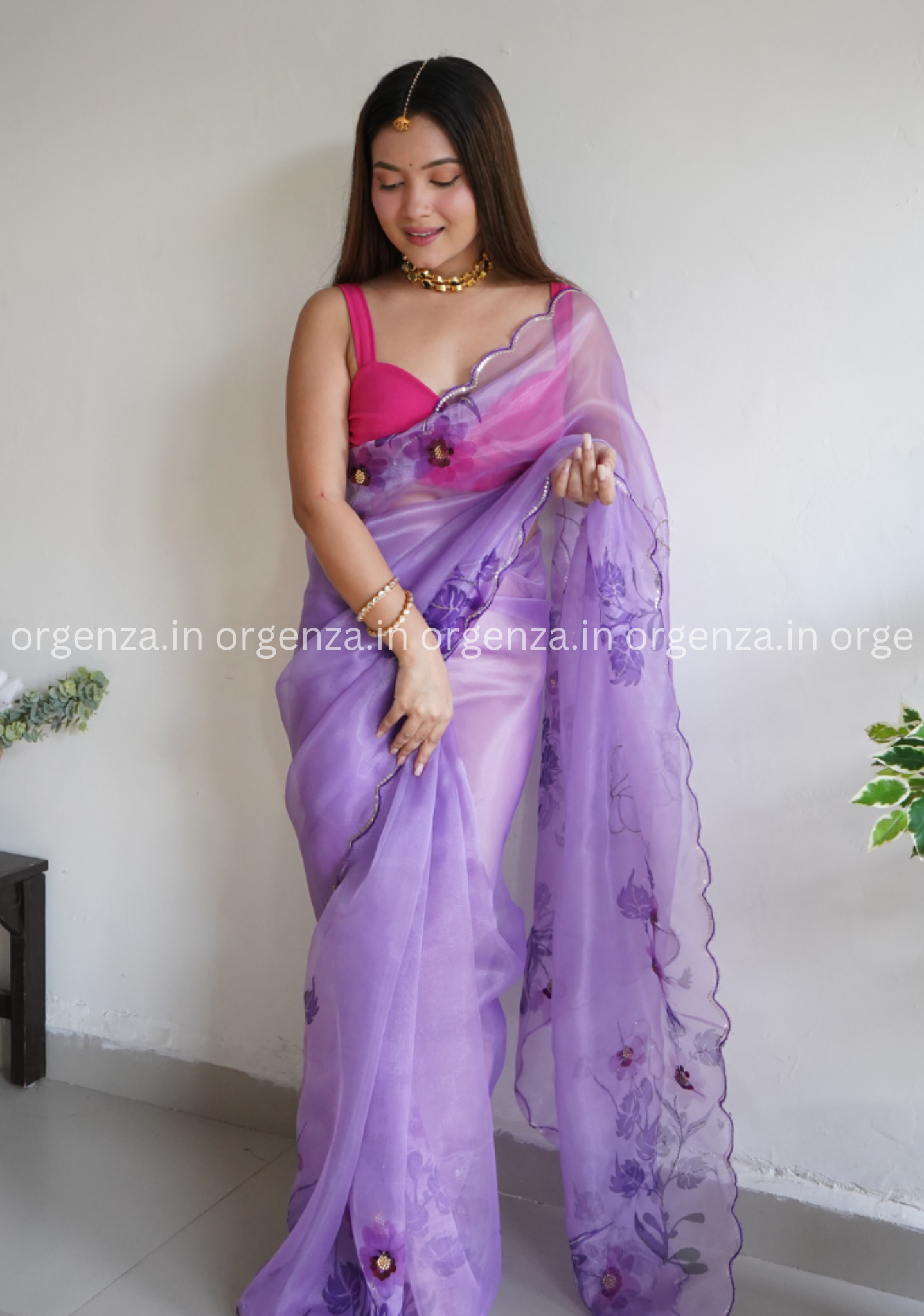 Purple Colour Organza Saree With Handwork - Orgenza Store