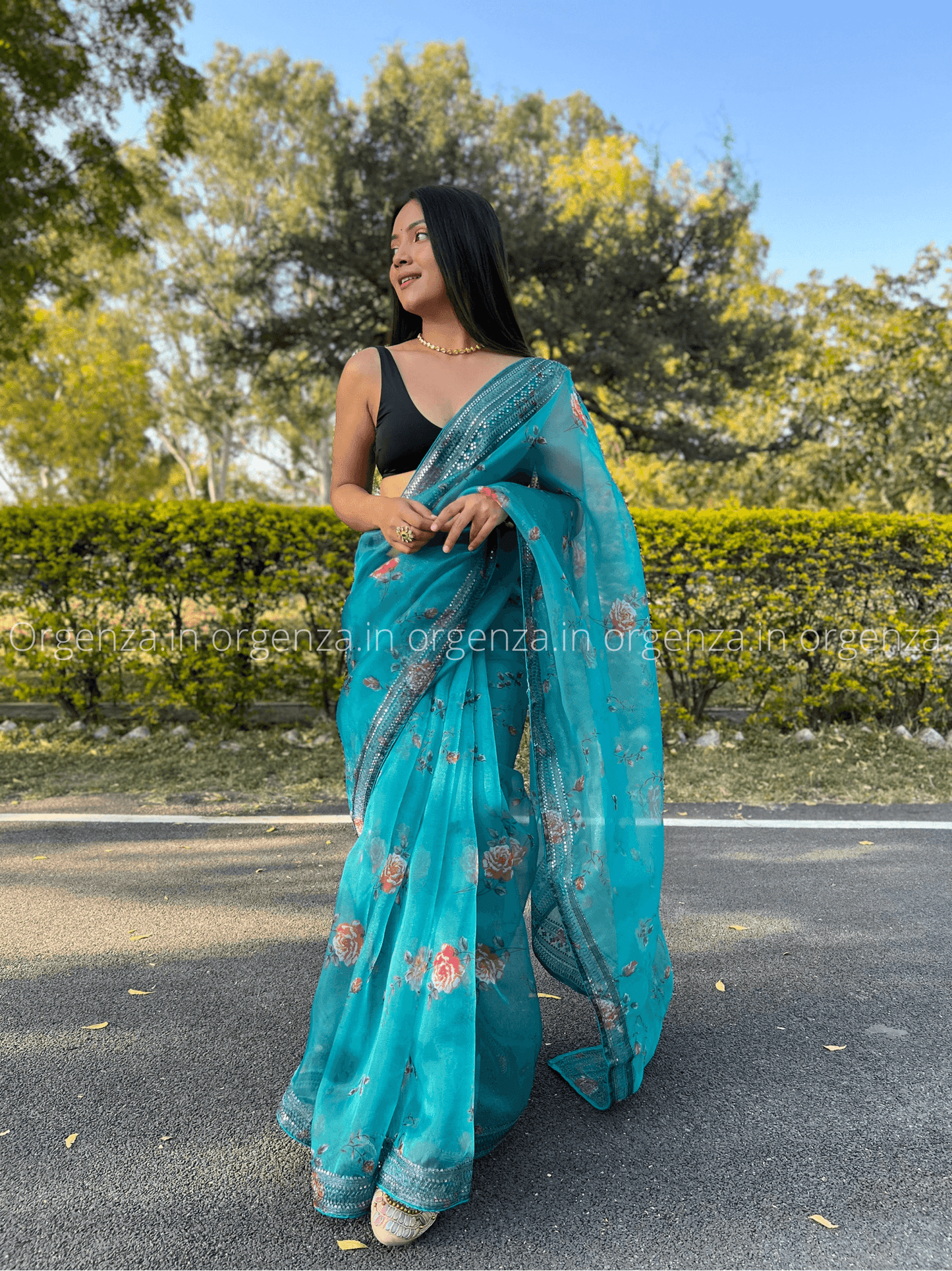 Sea Green Codding Sequence Organza Saree - Orgenza Store