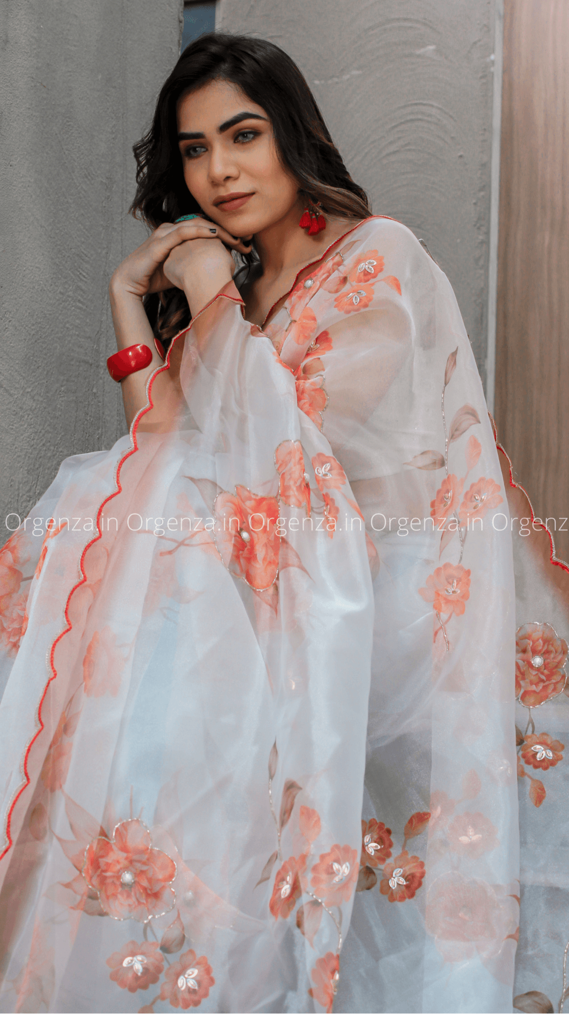 White And Orange Color Floral Printed With Cut Work Saree - Orgenza Store