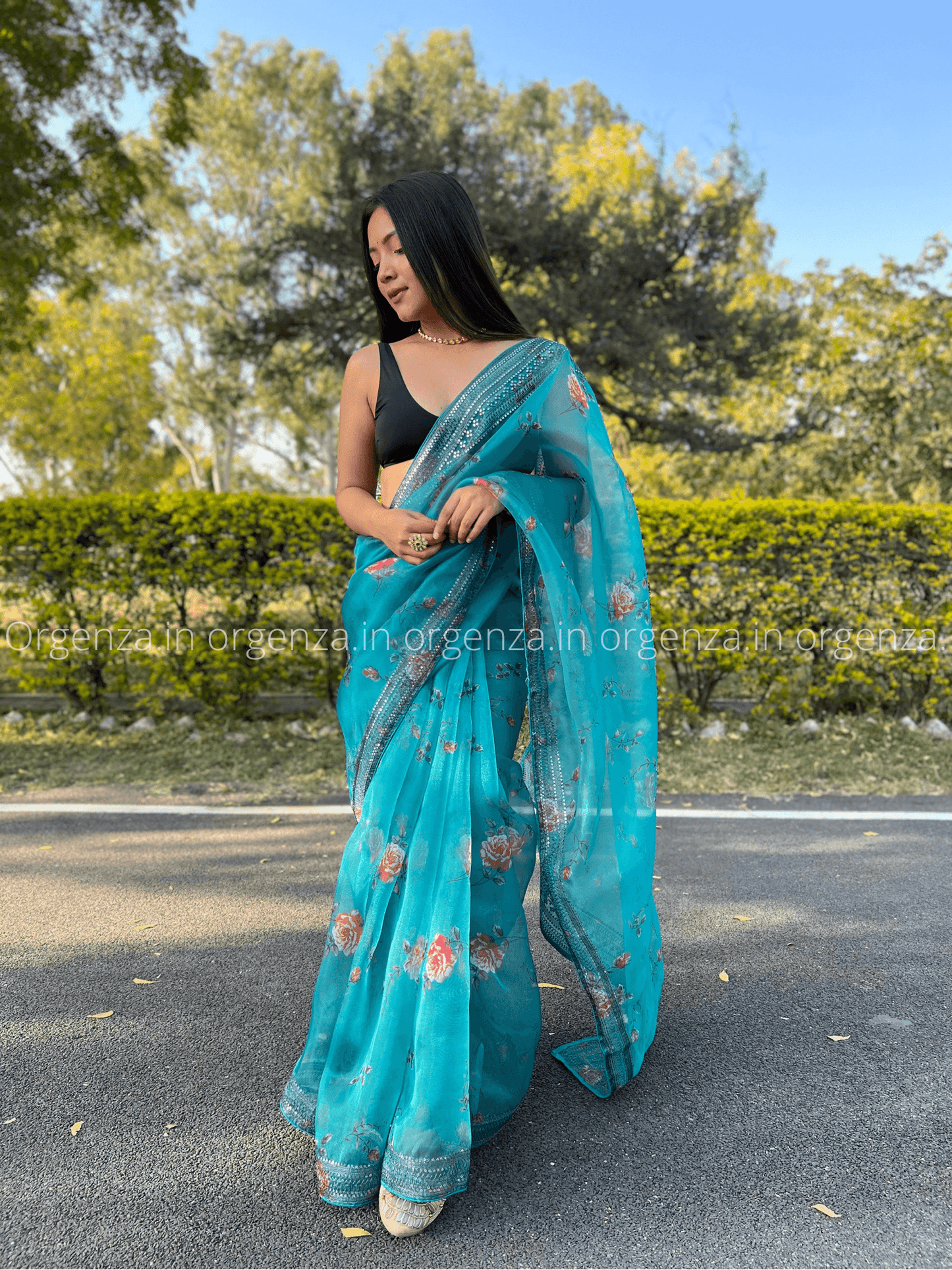Sea Green Codding Sequence Organza Saree - Orgenza Store