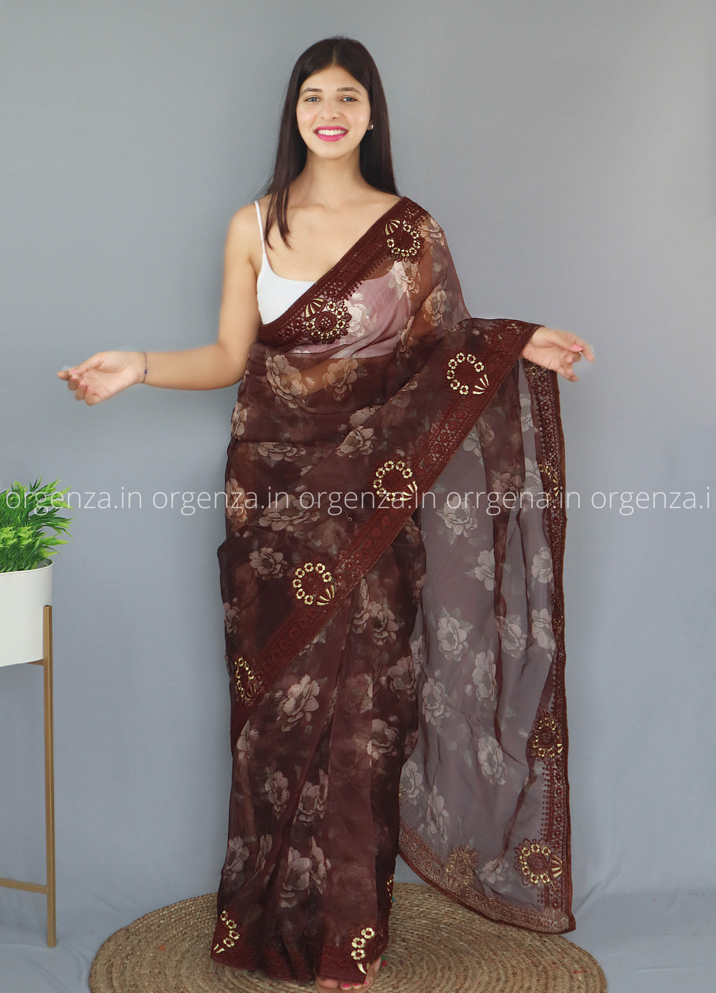 Brown Colour Organza Saree With Thread Work - Orgenza Store