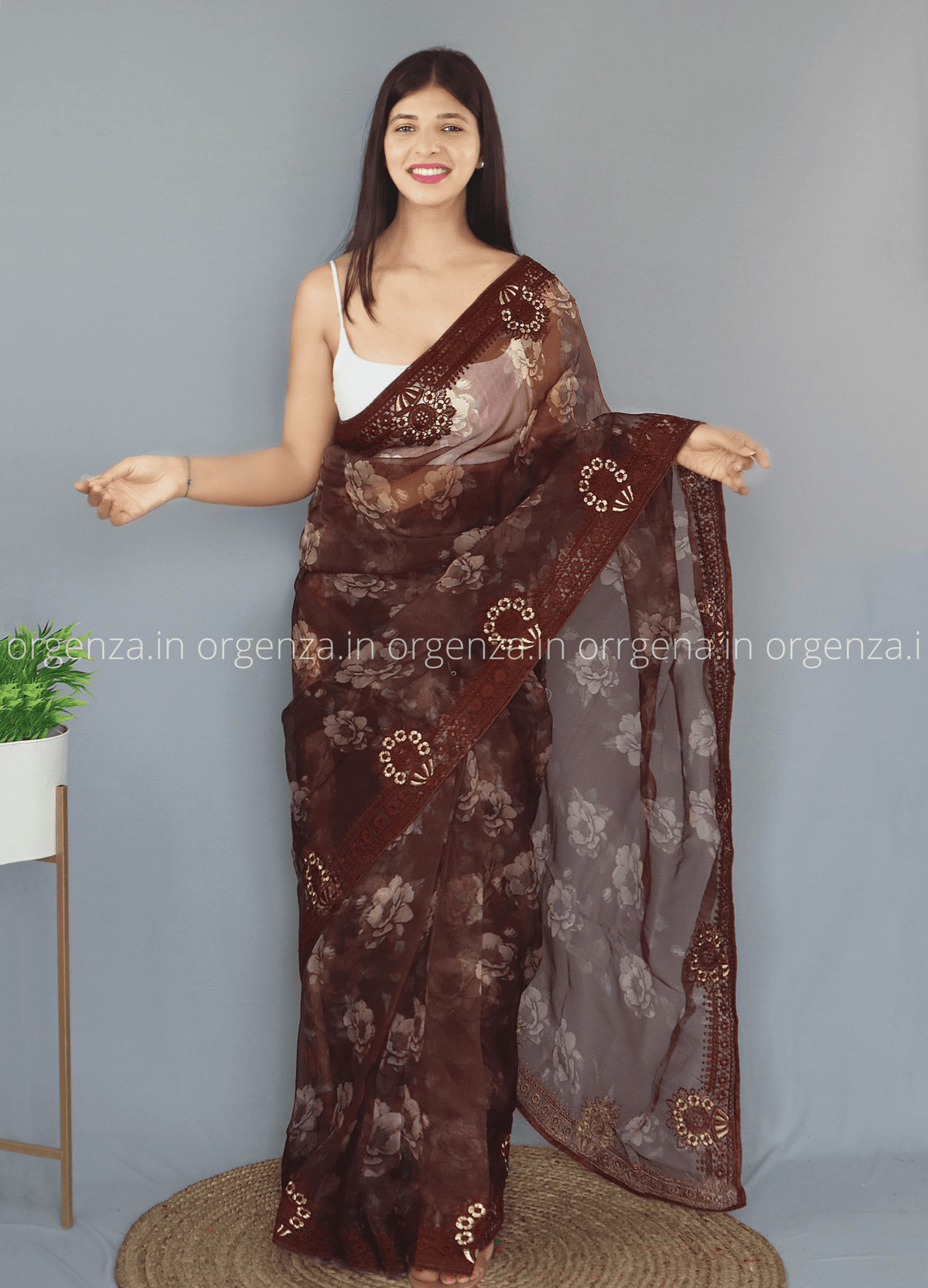 Brown Colour Organza Saree With Thread Work - Orgenza Store - digisoch