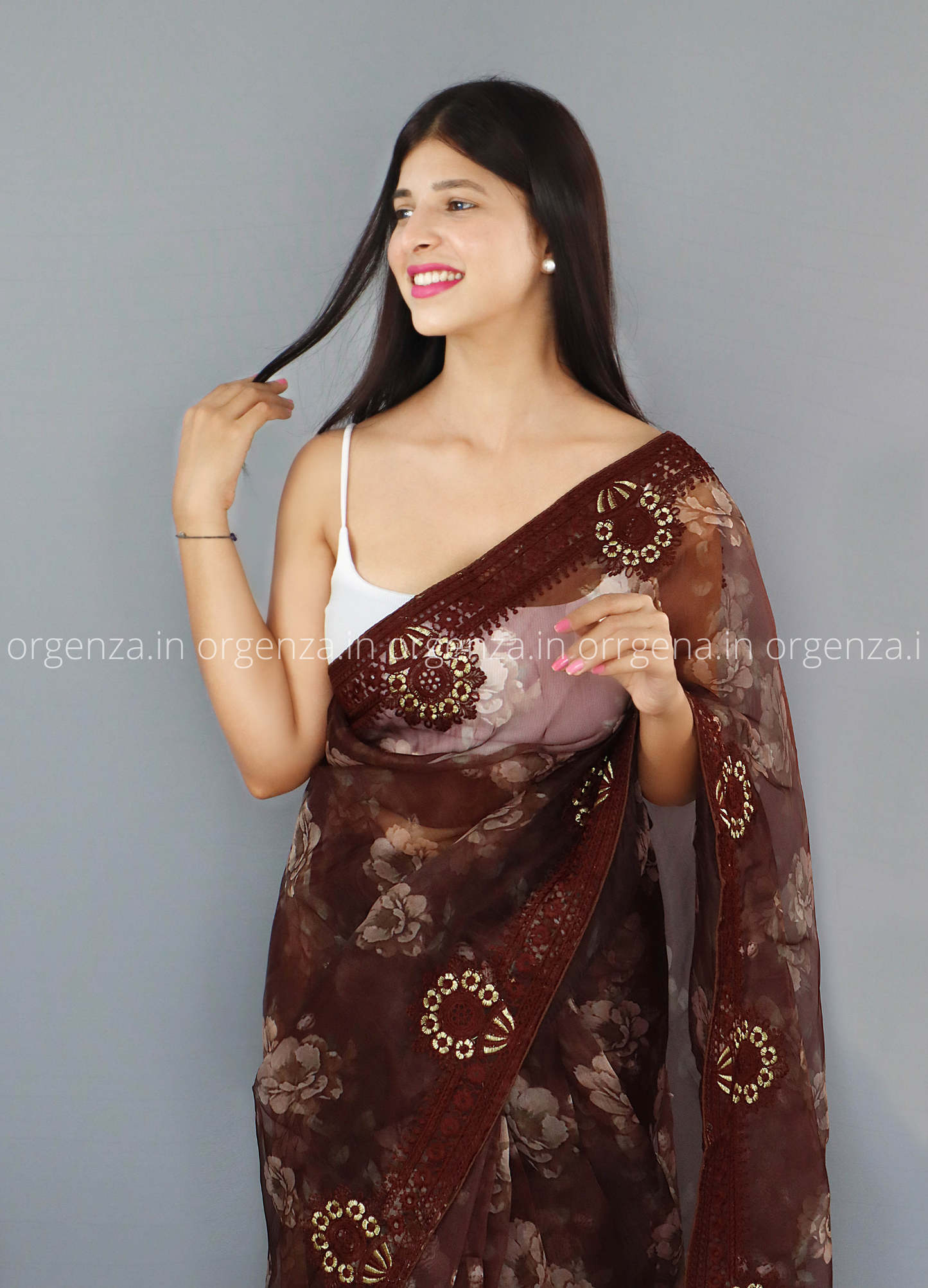 Brown Colour Organza Saree With Thread Work - Orgenza Store