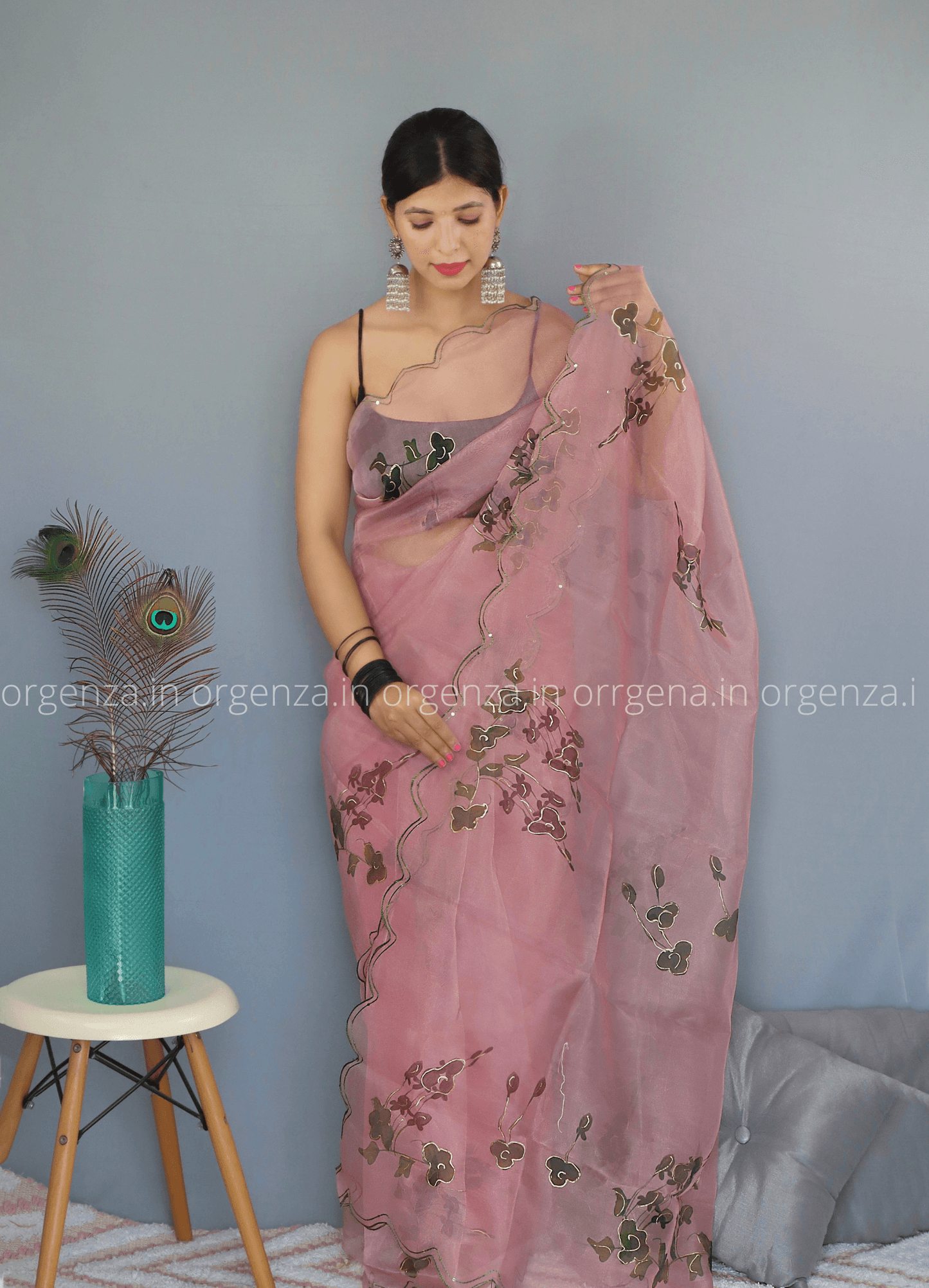 Light Onion Floral Organza Saree With Foil Print - Orgenza Store