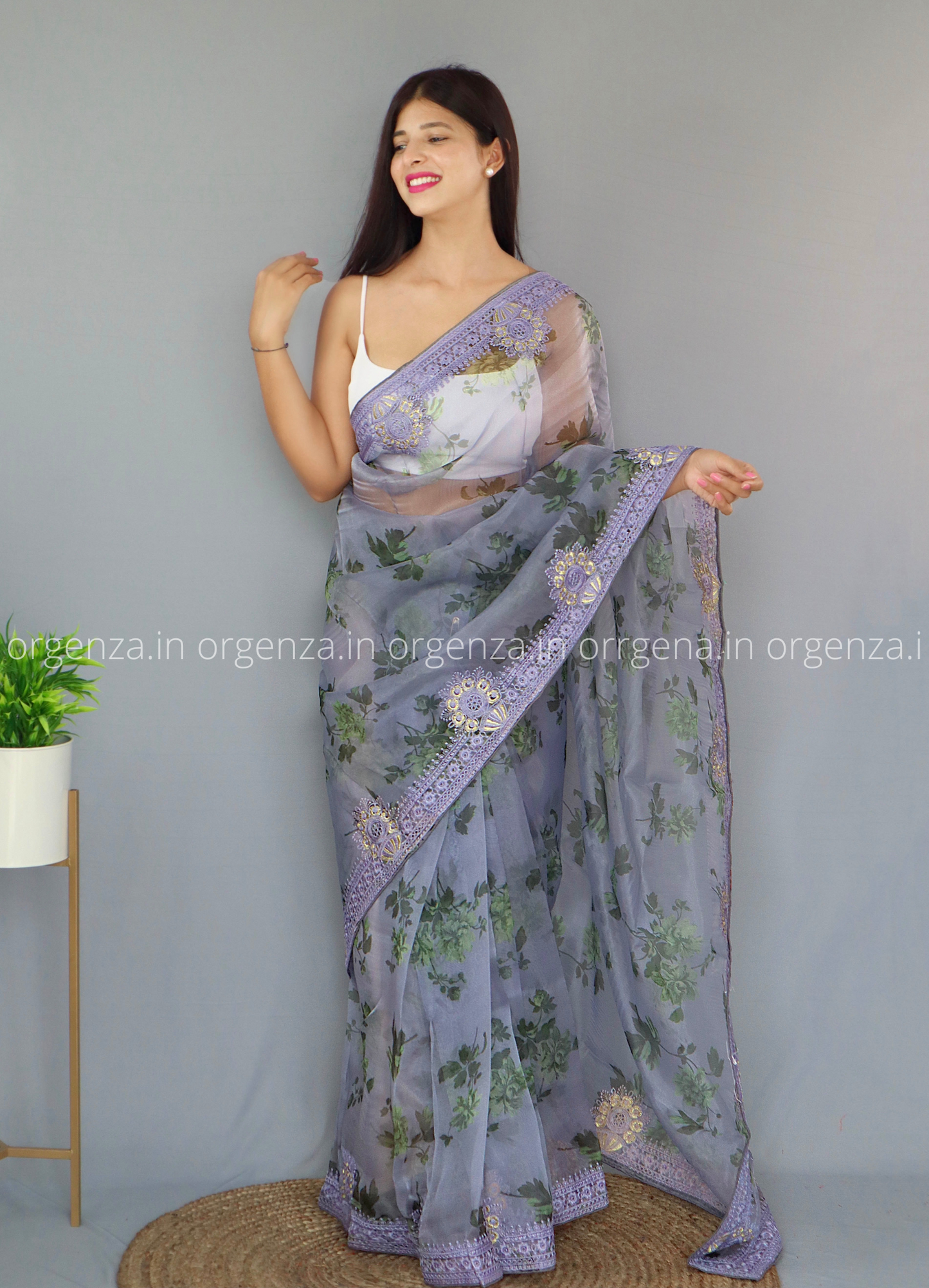Light Grey Colour Organza Saree - Orgenza Store