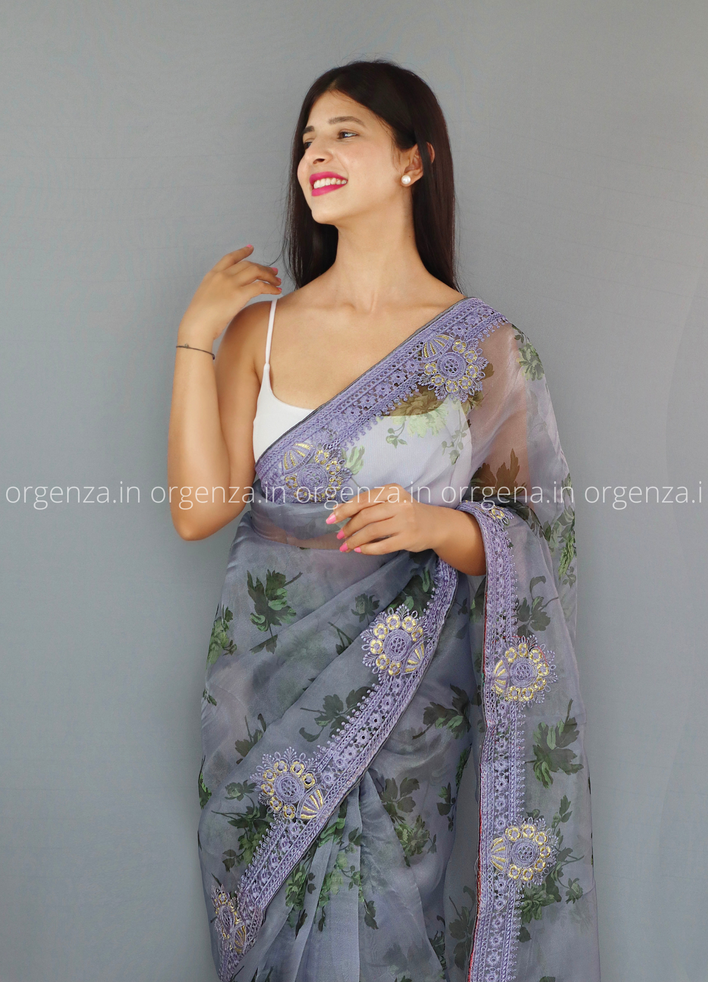 Light Grey Colour Organza Saree - Orgenza Store