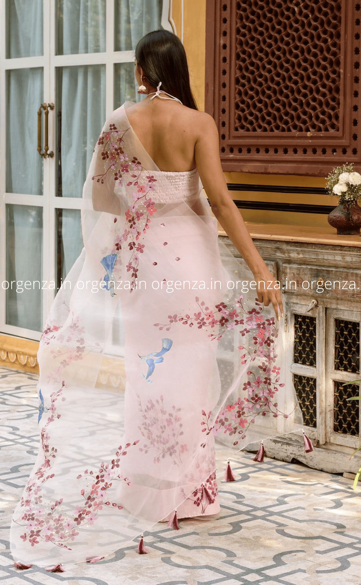 Light Baby Pink Saree With Handwork - Orgenza Store