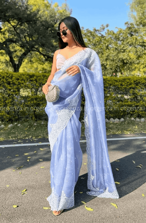 Lilac Blue Chikanar Work Saree With Blouse - Orgenza Store
