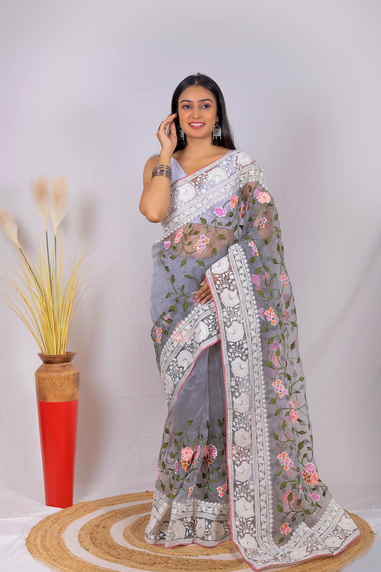 Fulwari Grey Color Embroidery Work Pure Organza Silk Saree With White Blouse - Orgenza Store