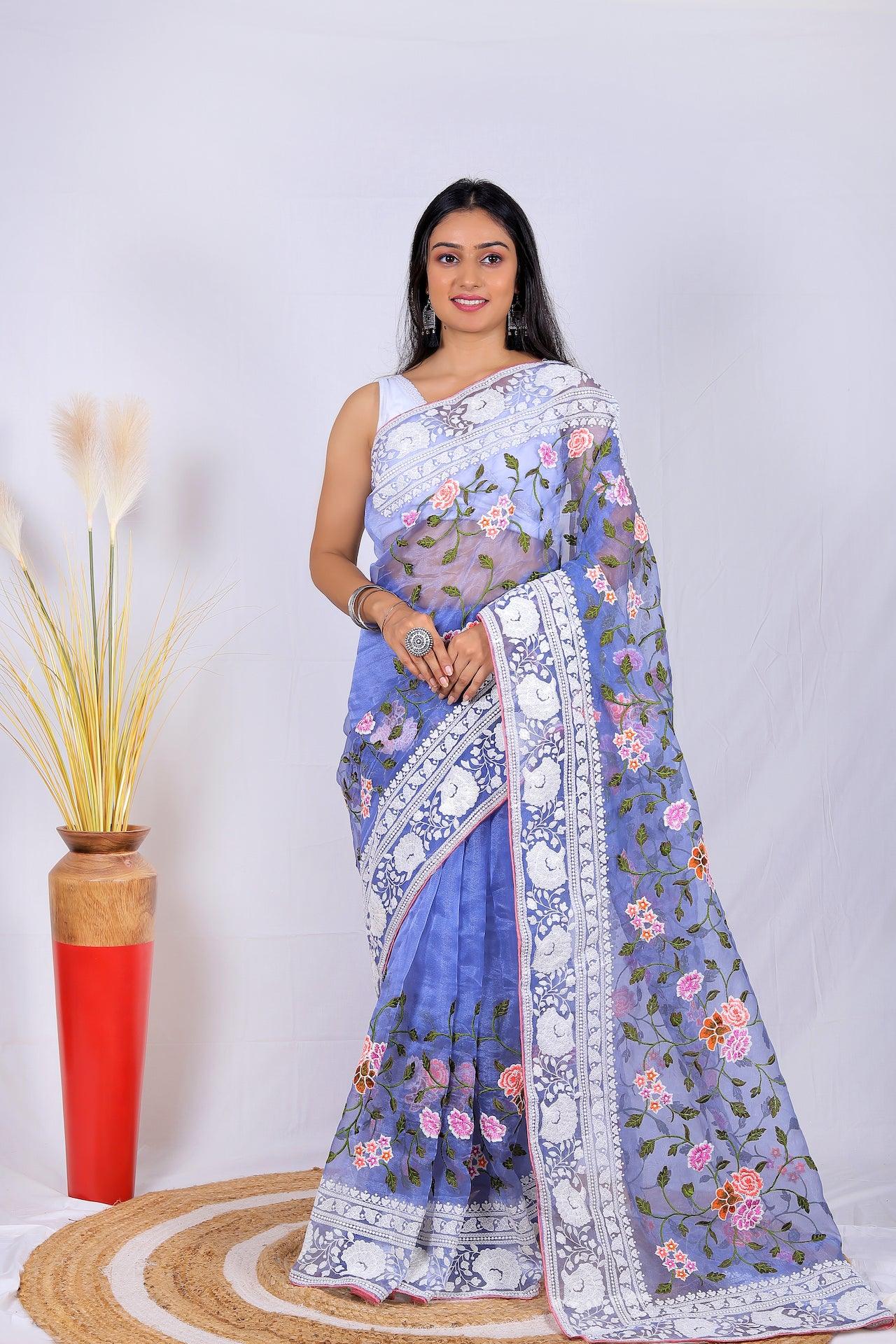 Fulwari Blue Color Embroidery Work Pure Organza Silk Saree With White Blouse - Orgenza Store