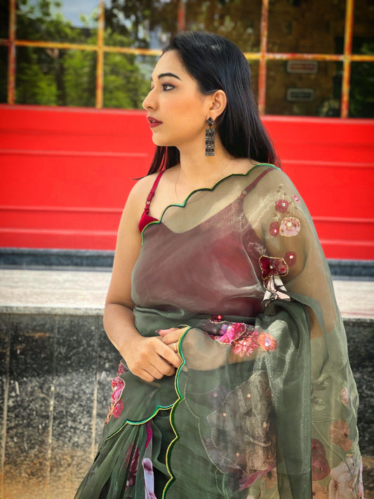 Orgenza Light Green Color Festival Heavy Organza Silk Saree With Handwork and Printed Saree - Orgenza Store