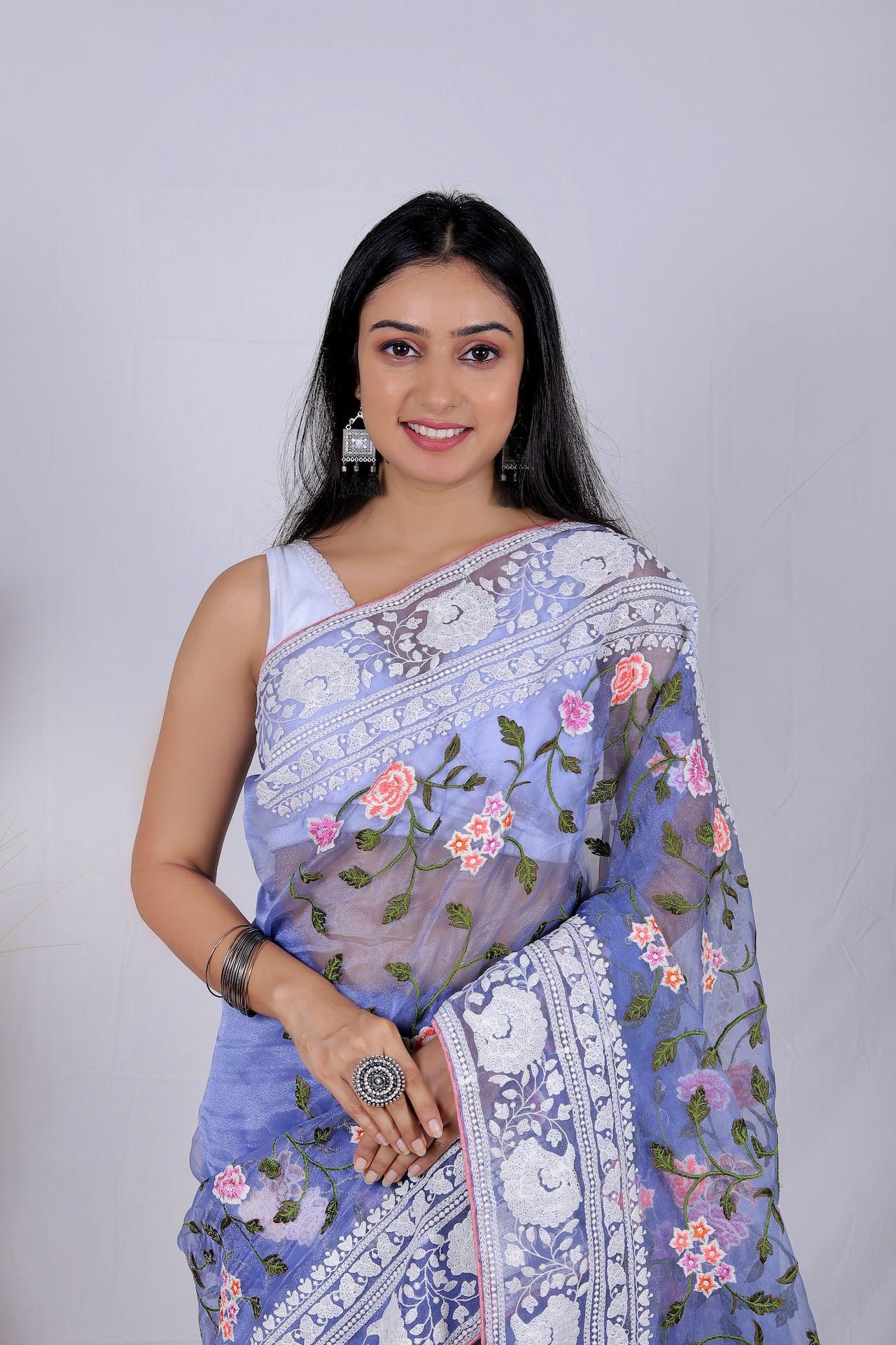 Fulwari Blue Color Embroidery Work Pure Organza Silk Saree With White Blouse - Orgenza Store