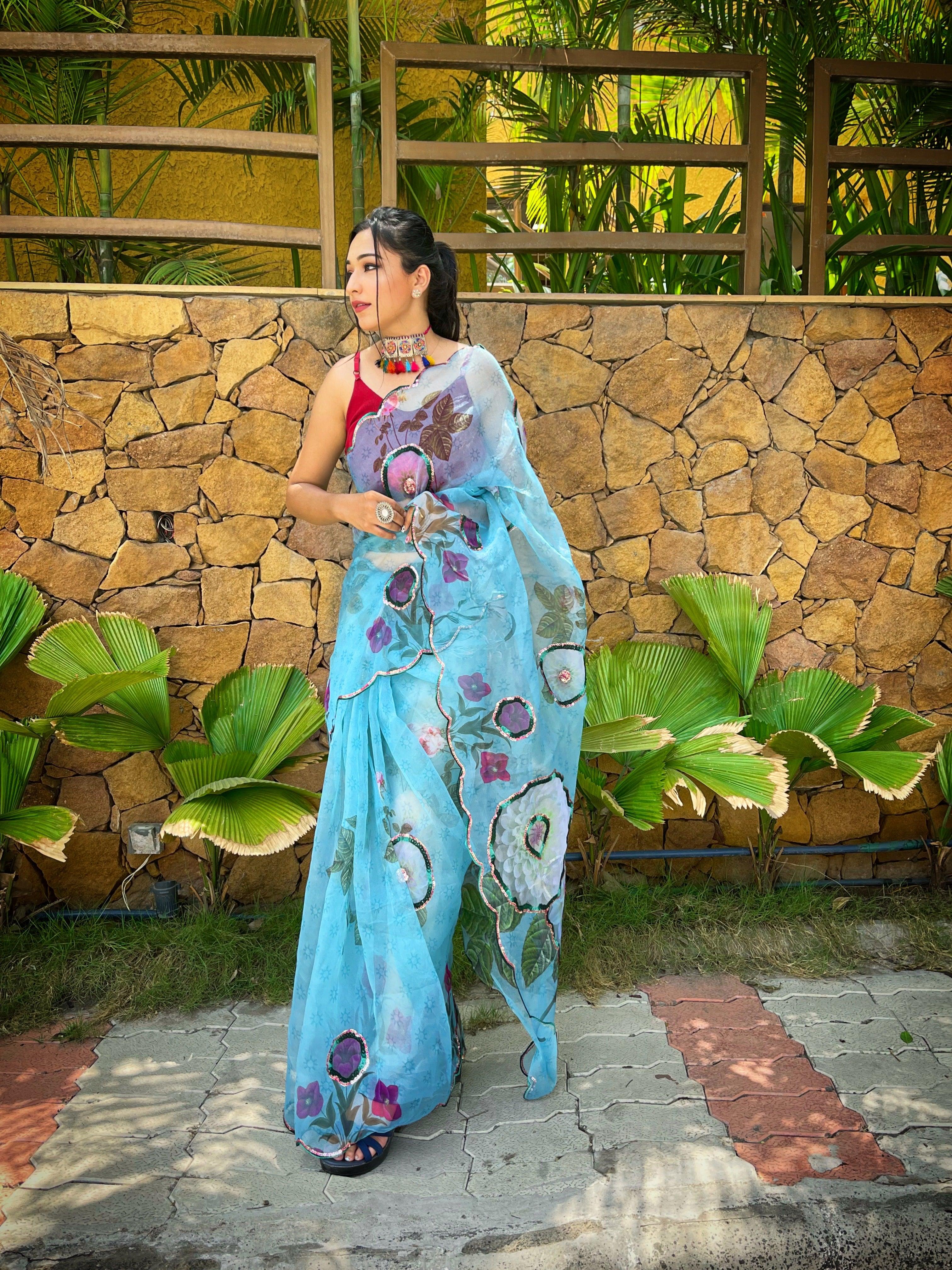 Orgenza Sky Color Heavy Organza Silk Saree With Sequence Work And Printed Flower - Orgenza Store