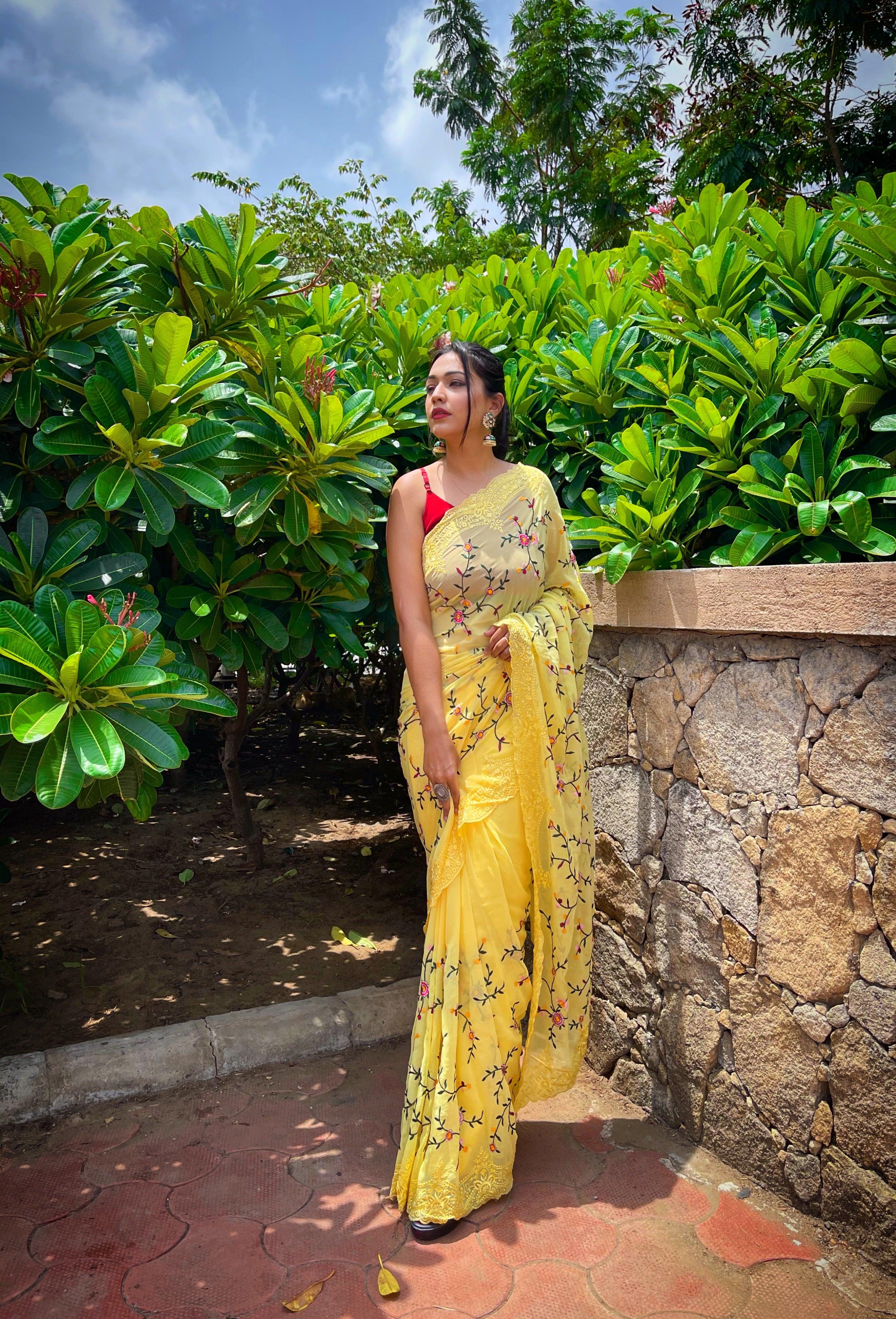 Orgenza || Pearl Lemon Yellow Color Heavy Pure Georgette Silk Border Cutwork And Embroidery Work Saree With Contrast Blouse - Orgenza Store