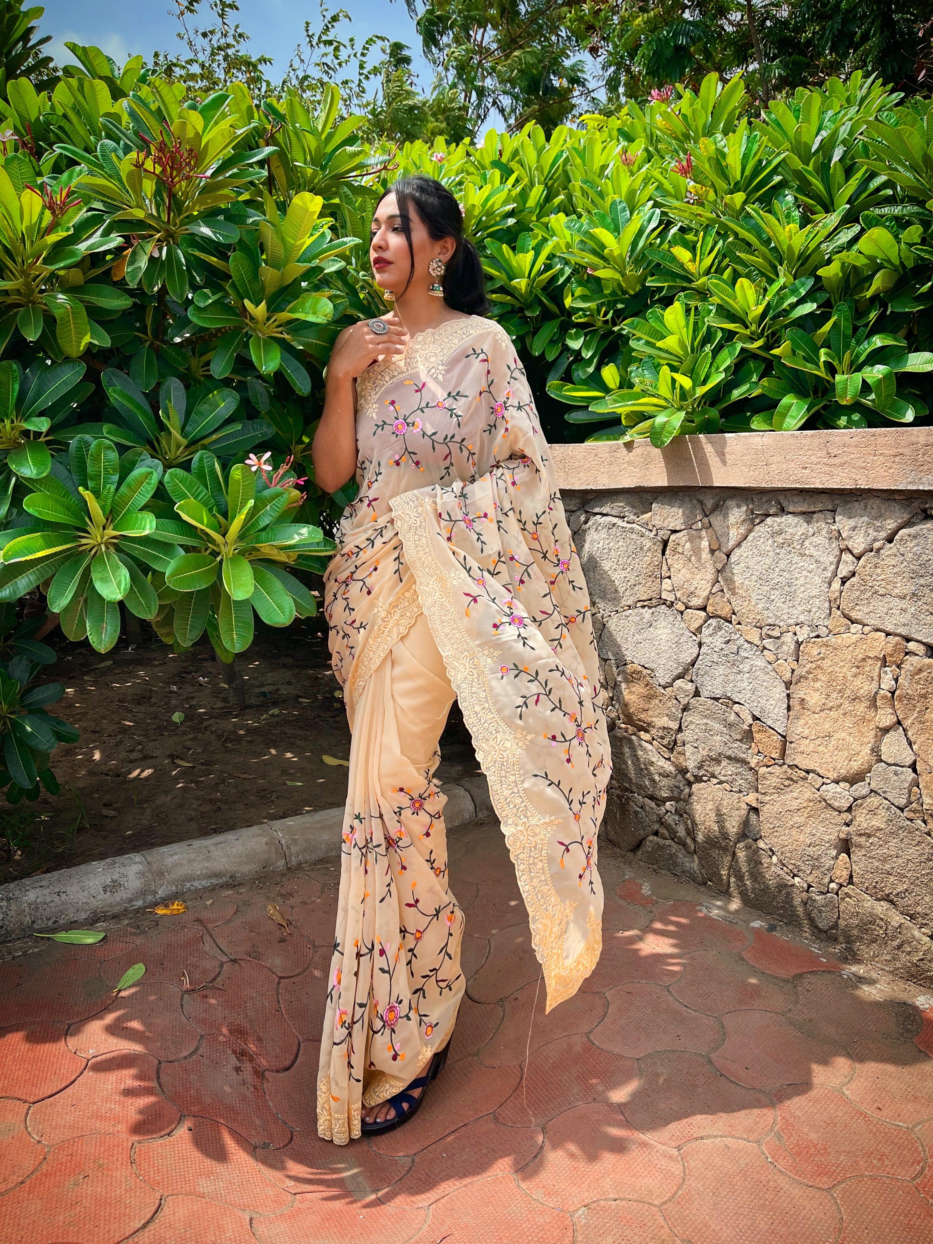 Orgenza || Pearl Cream Color Heavy Pure Georgette Silk Border Cutwork And Embroidery Work Saree With Contrast Blouse - Orgenza Store